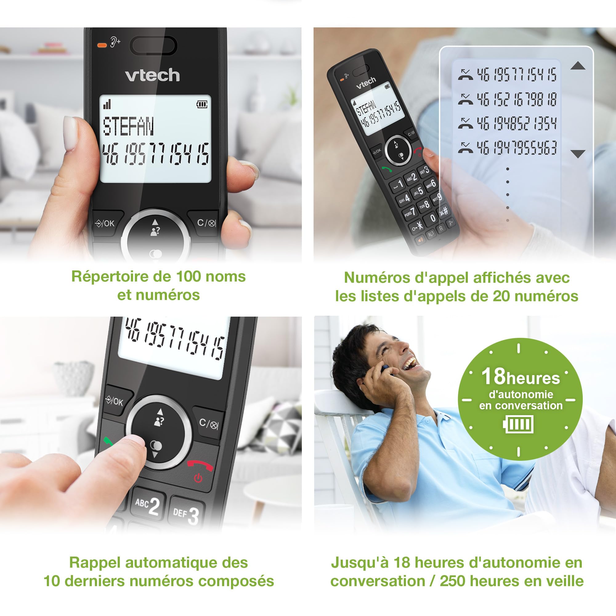 VTech ES2000 Téléphone sans Fil DECT avec Blocage d'appel, contrôle du Volume, Identification de l'appelant/Appel en Attente, 18 Heures d'autonomie, numérotation Rapide, Noir