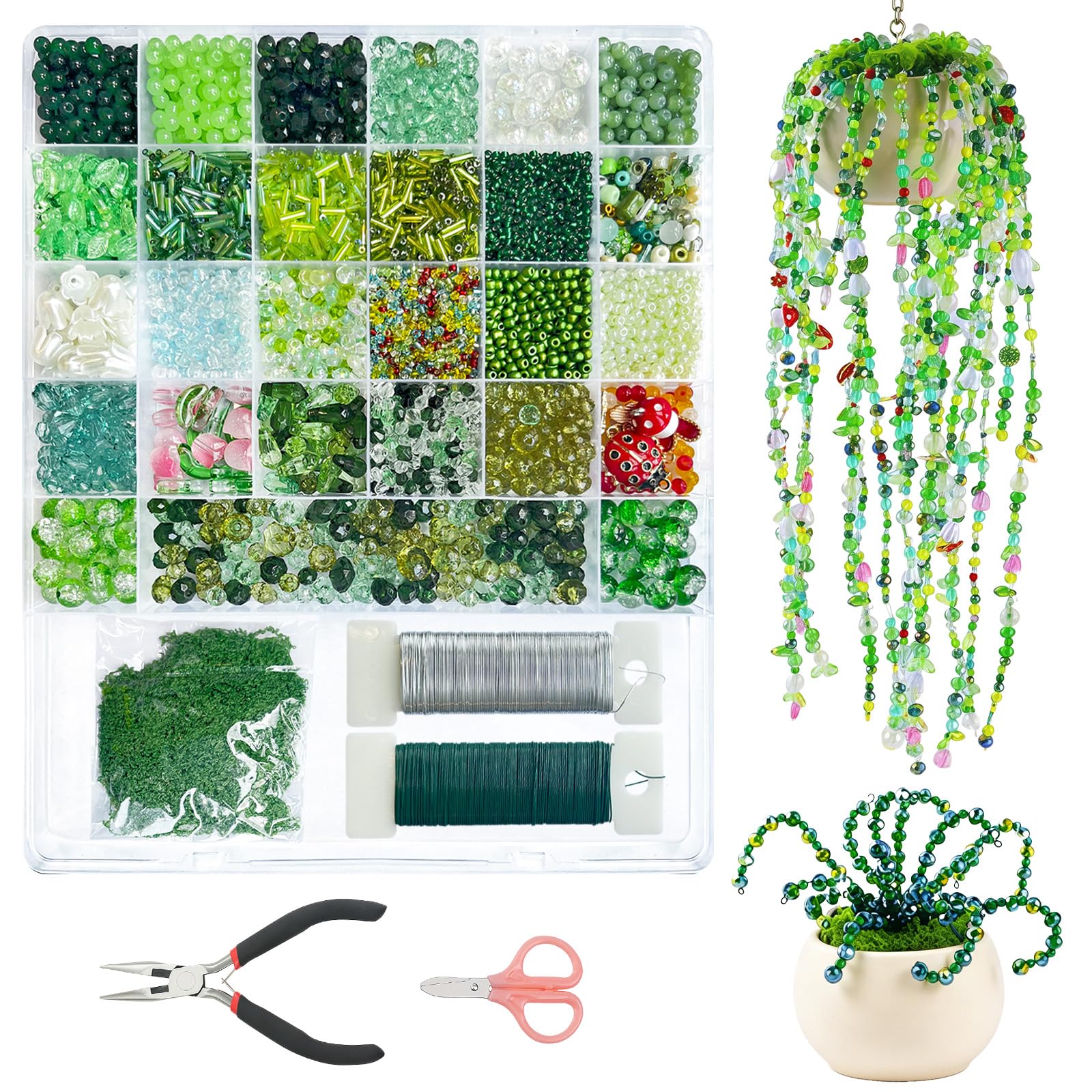 AWSOLAR 5500Pcs DIY Beaded Plant Kit, Green Glass Beads Making Kit for Plant,Handmade Craft Jewelry Making, Home Decor