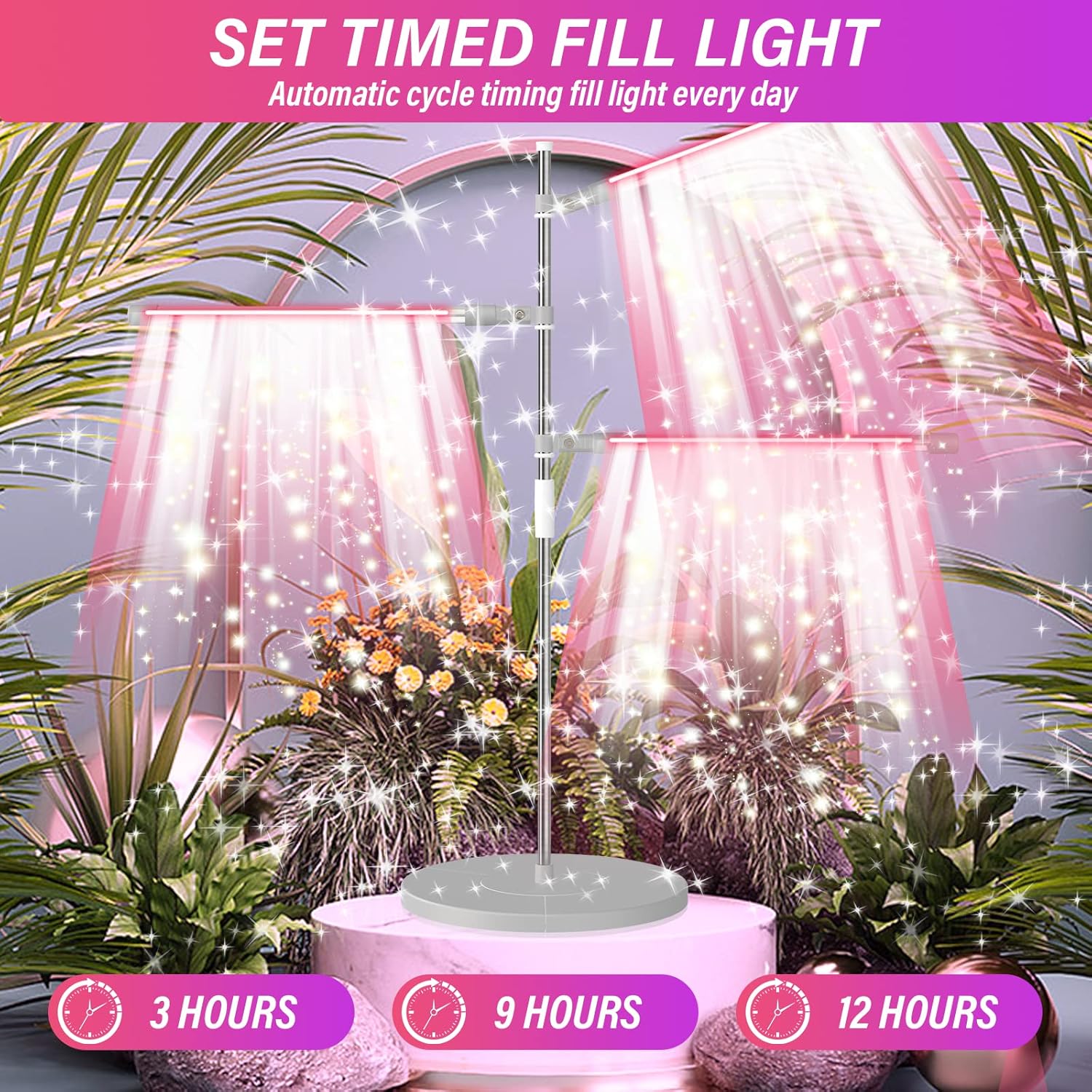 LED Grow Lights, 3 Heads Red Blue White Full Spectrum Plant Light with Clamp for Indoor Plants Seed Starting,Indoor Grow Lamp with Remote Control,10-Level Dimmable,Auto On Off, Timing 3 9 12Hrs