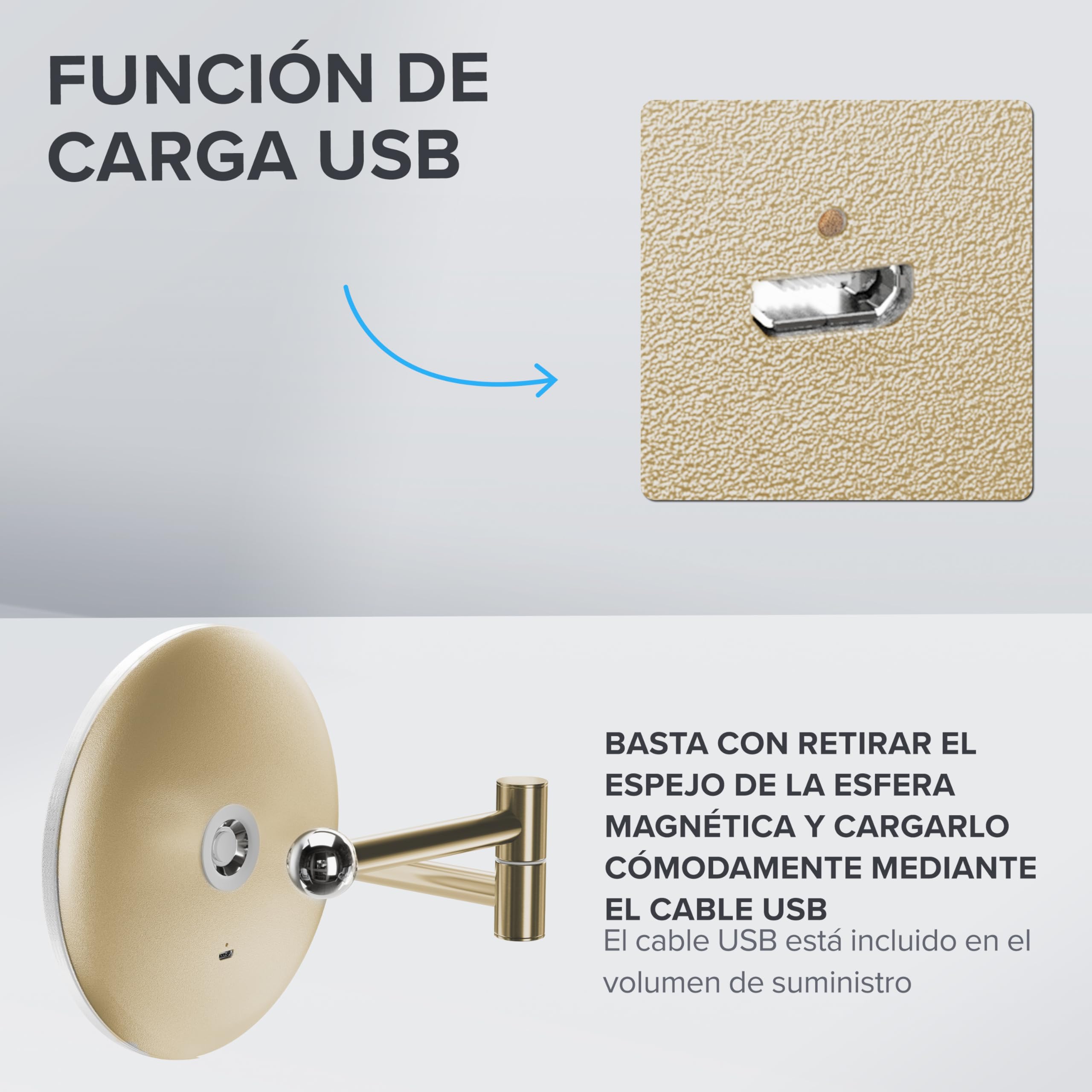 ovimar Espejo de Aumento Blavand Oro | con iluminación | Recargable | Montaje en Pared para taladrar | en el baño | Espejo de Aumento 5X | Espejo de Maquillaje con luz | Espejo de 360 ​​​​Grados