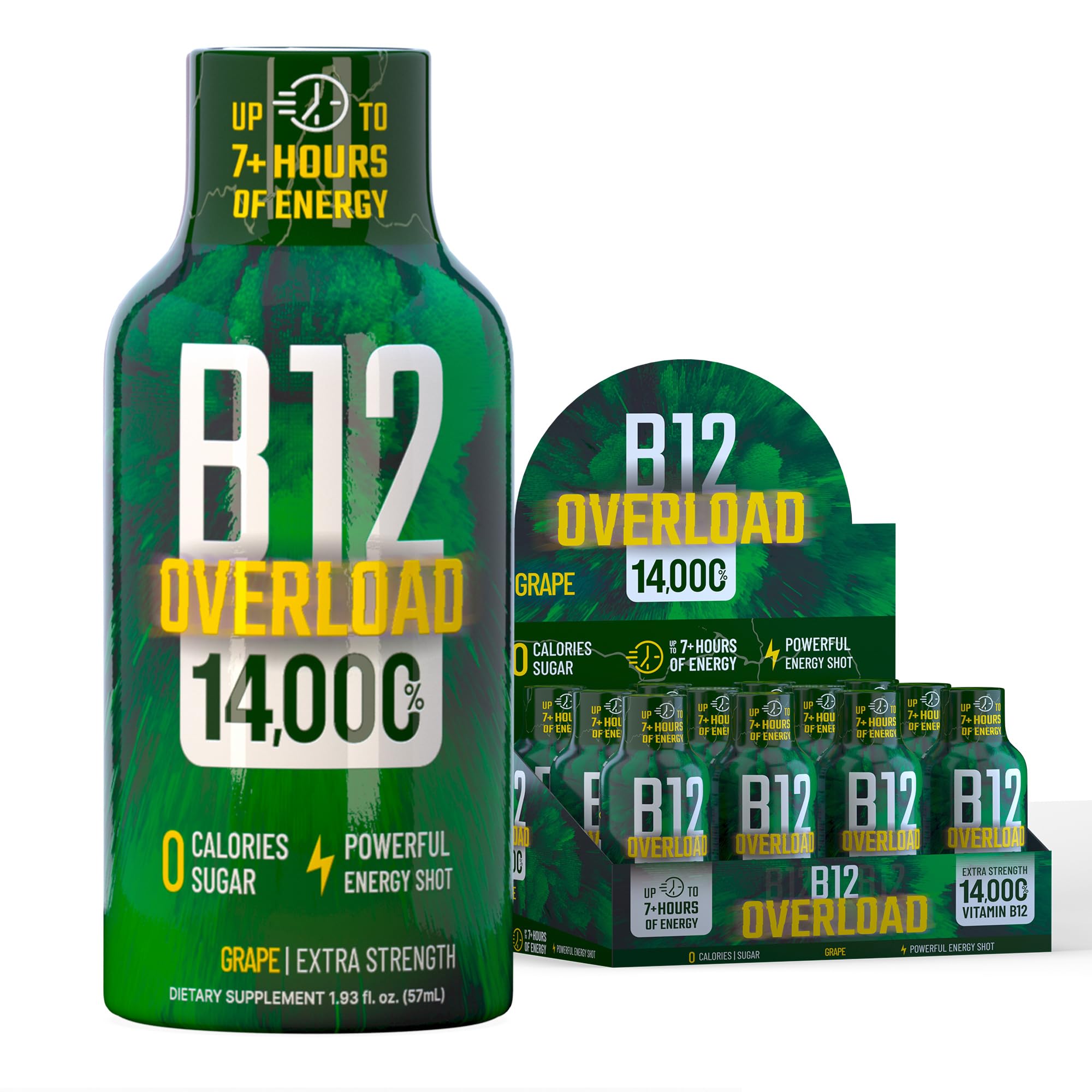 Amazon.com : B12 Overload Extra Strength Energy Shot – Grape – 260mg  Caffeine, 14000% B12, Electrolytes – Energy & Vitality Support – Zero Sugar  No Calories – Vegan, Kosher, Gluten-Free – 1.93 fl oz, 12-Pack : Everything  Else