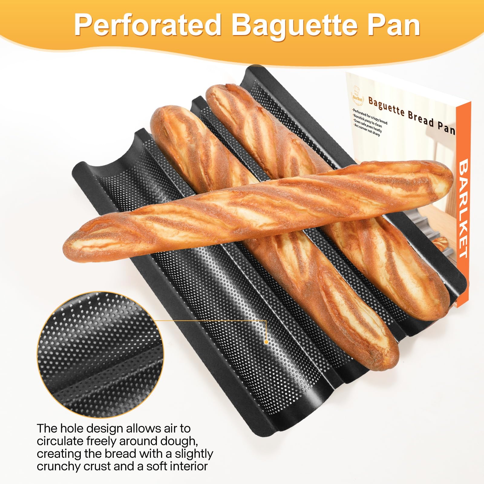 Schwarze Baguette-Brotpfanne, 3 Brotbackformen, antihaftbeschichtet, perforiertes Baguetteblech, ofenfest, gesundes Backzubehör, 38,1 x 27,9 cm, runde Ecken und gleichmäßige Erwärmung