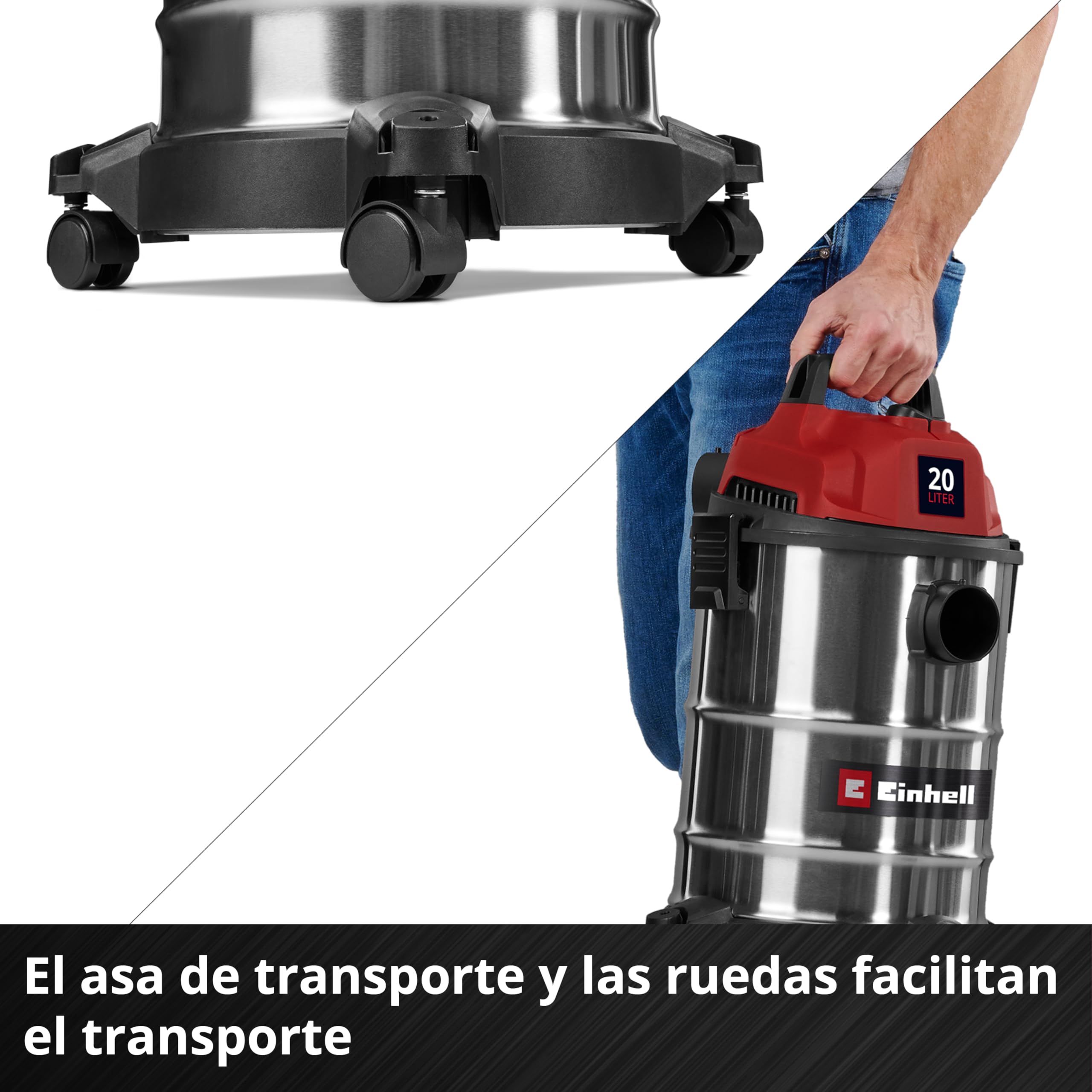 Einhell aspirador en seco y húmedo TC-VC 2045 S (900 W, 180 mbar de potencia de aspiración, recipiente de acero inoxidable de 20 l, ruedas, soporte de accesorios, incl. div. filtros y boquillas)