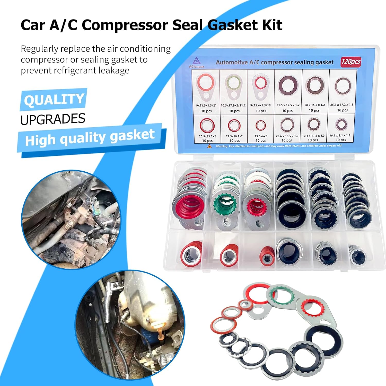 120pcs automotive A/C system compressor gasket seal, Air Conditioner Compressor Port Seal Gasket Kit Bonded Gasket Seal Assortment Set (120 pcs)
