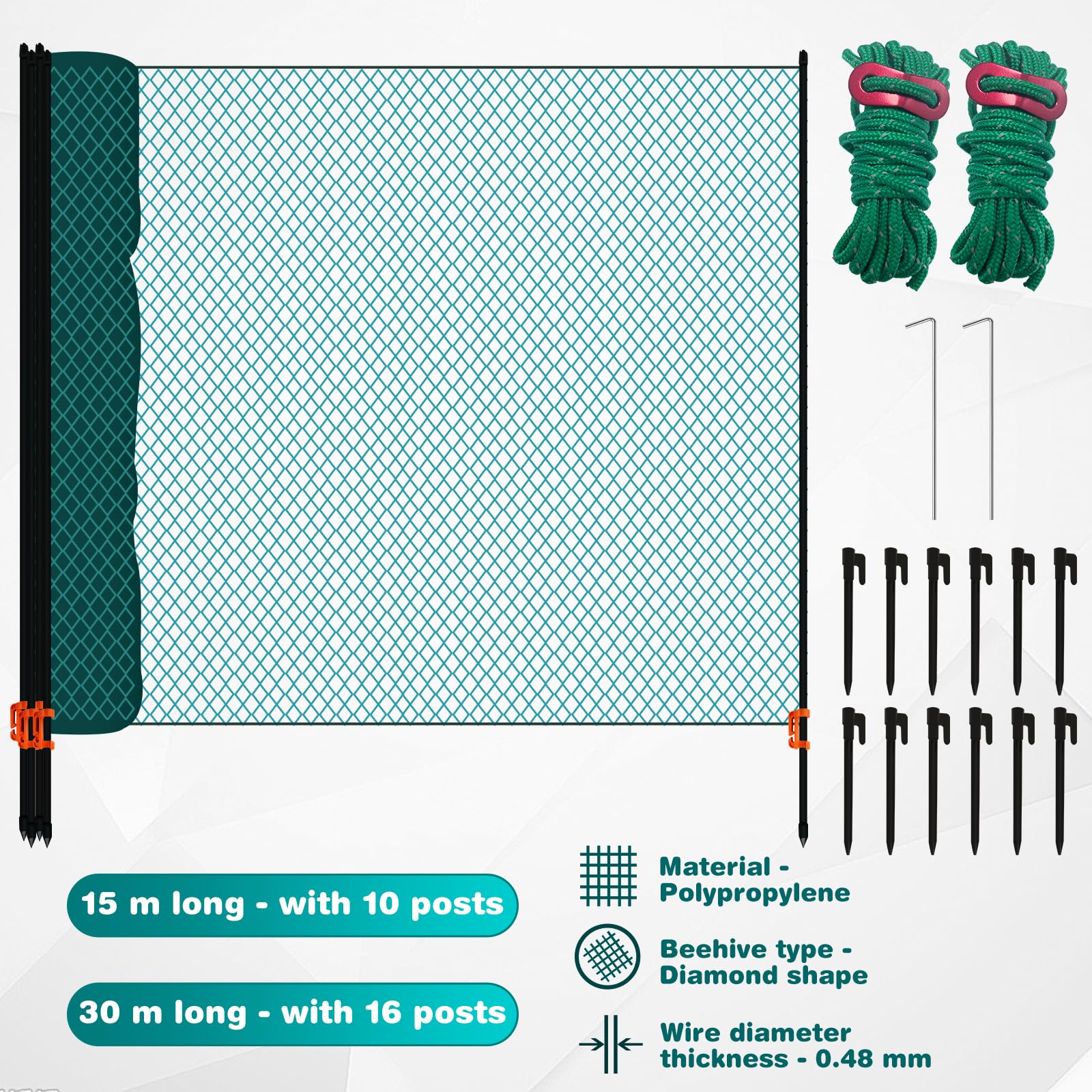Clôture Mobile pour Poules, 15m 20m 30m 50m X 90cm, Clôture de Délimitation, Filet a Mailles Serrées, Barrière, Clôture À Brancher, Clôture Pour Chats, Clôture de Jardin Pour Cour Camping Maison (15m)