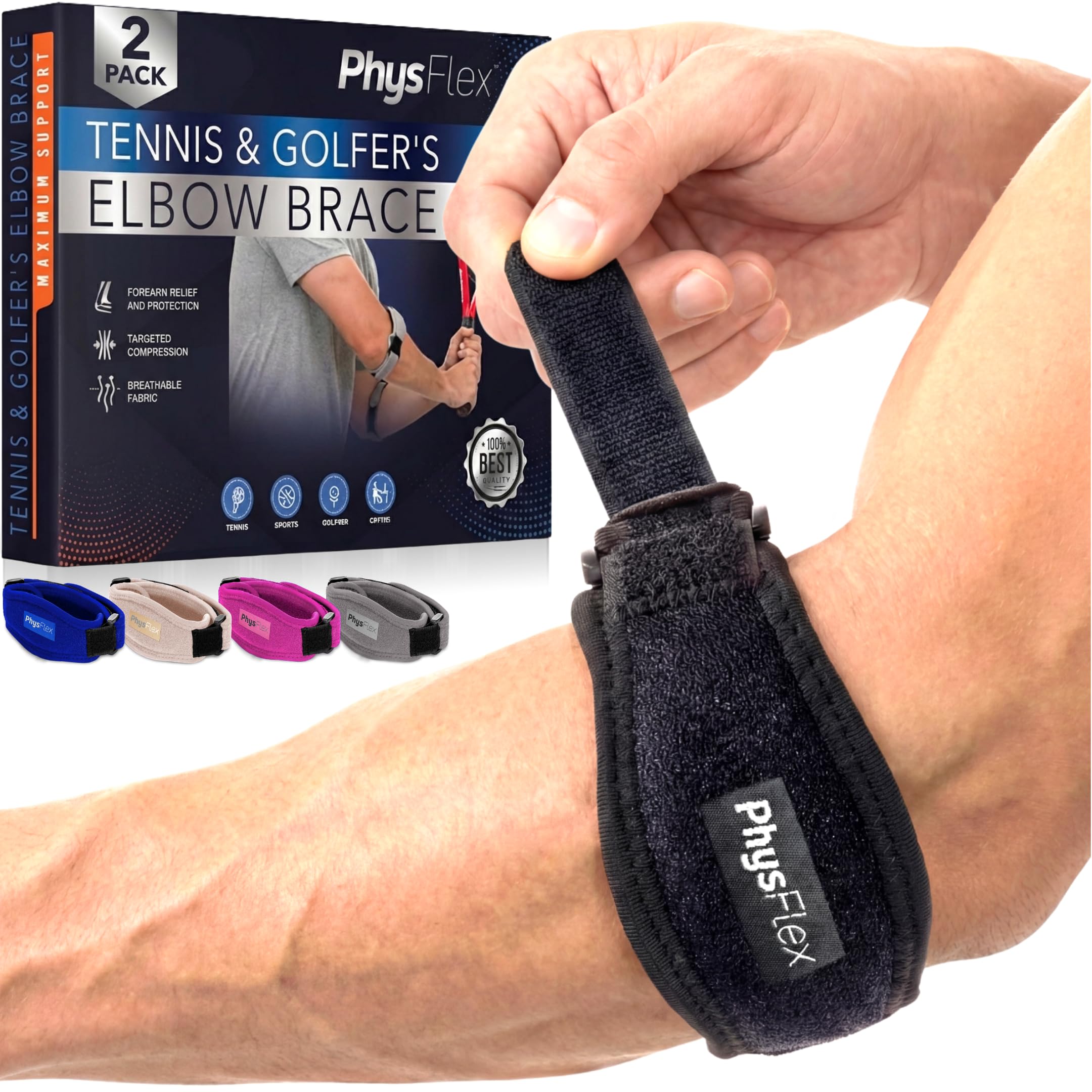 2-Pack Elbow Brace for Men & Women, Adjustable Tennis & Golfer's Elbow Support Strap for Tendonitis Pain Relief - Compression Pad for Arm, Forearm, Tendon Pain Relief
