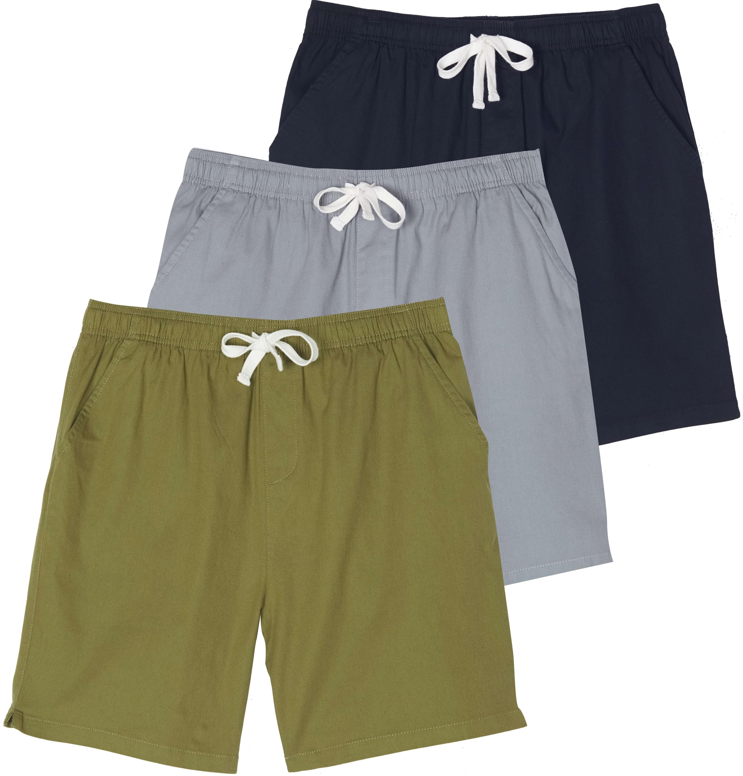 Real Essentials 3 Pack Mens 7 Cotton Chino Golf Walking Shorts Elastic Waist Drawstring Back Pockets Casual Lounge