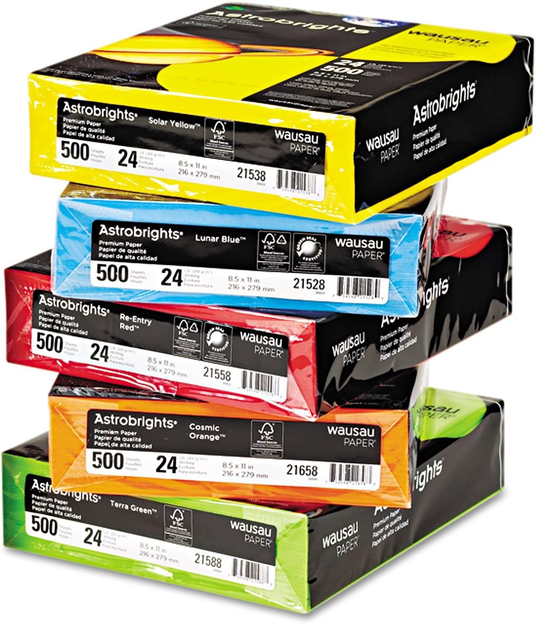 Astrobrights Color Paper, 8.5 "x 11", 24 lb/89 gsm, 5-Color Mixed Carton, 500 Sheet Ream/2500 Carton (22999)