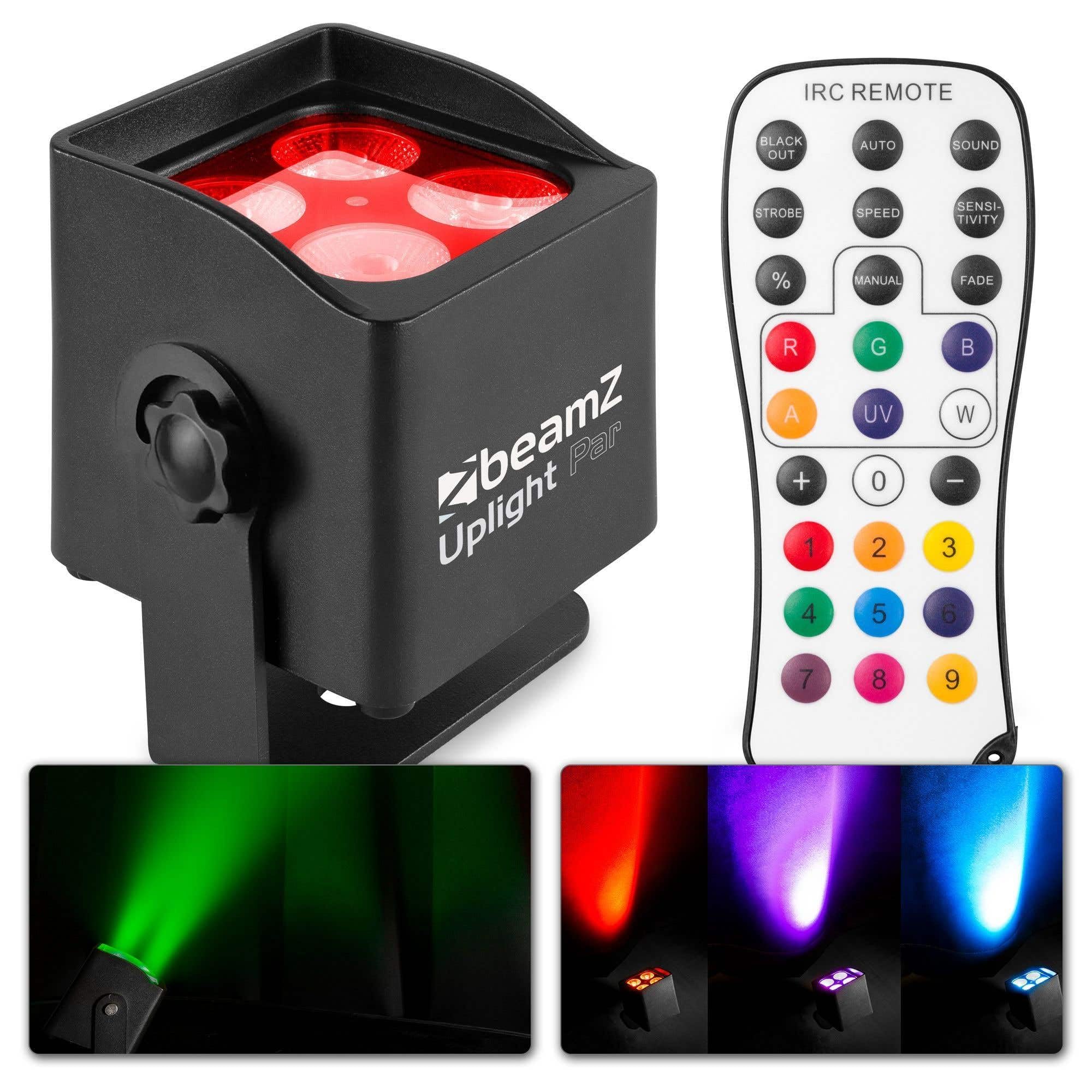 BeamZ BBP44 - Foco Uplight Par 4 leds x 4W con Batería, certificación IP65, control por DMX, Luz de Discoteca, Fiestas y Escenarios, incluye Mando a Distancia, color Negro