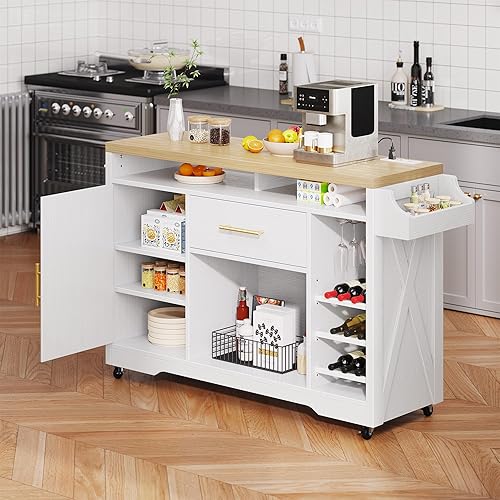 Miniatura 3 de YITAHOME Isla de cocina con hoja plegable, carrito de cocina rodante con 2 puertas de gabinete doradas, armario de isla de cocina con ruedas con