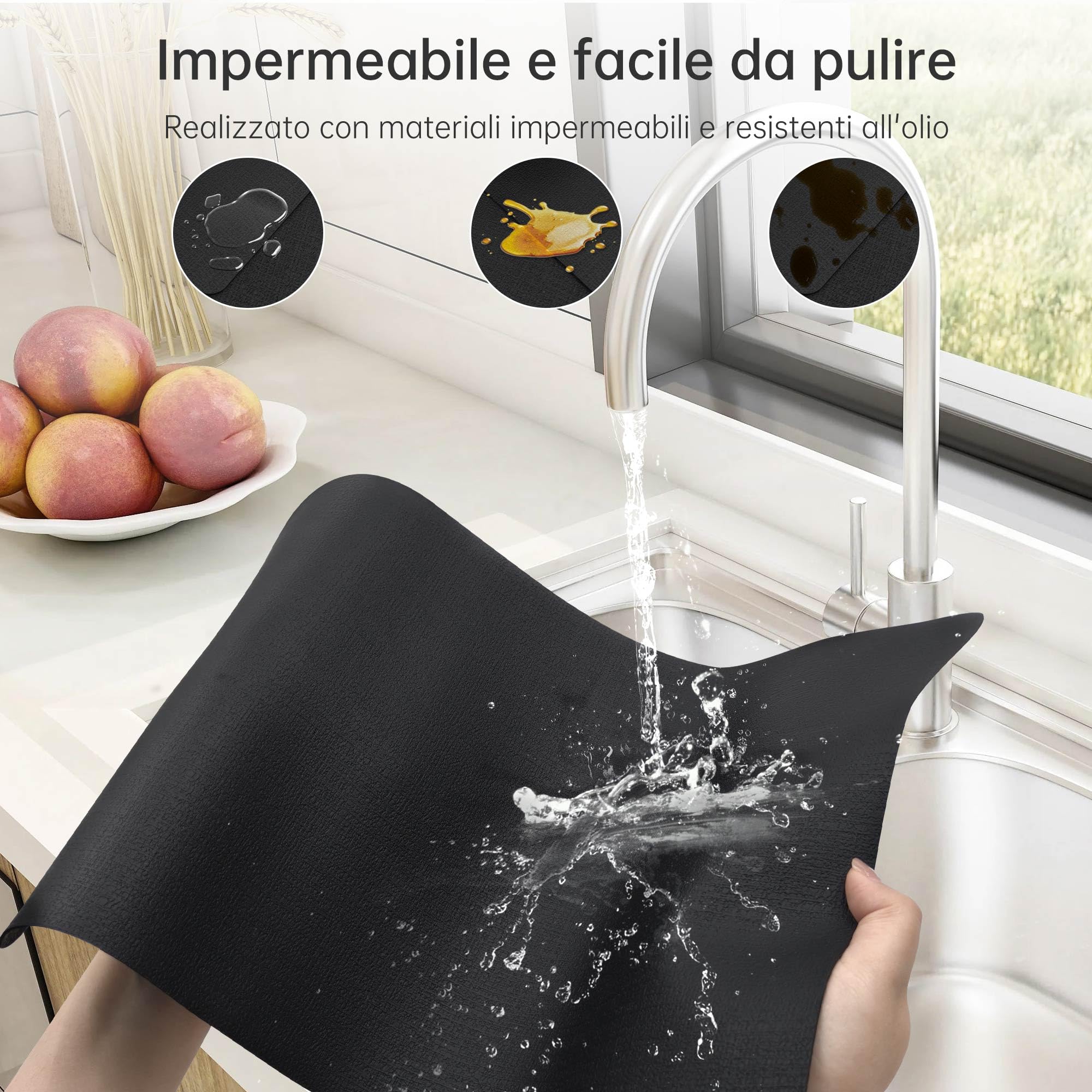 KitchenBoss Tovagliette Americane Lavabili con Sottobicchieri, Set di 8 Tovagliette Colazione Effetto Pelle Resistenti al Calore, Impermeabili su Entrambi i Lati, 43×30 cm, Nero