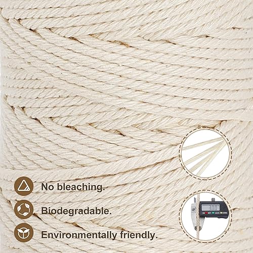 Miniatura 10 de Cordón de macramé de 0.118in x 328 yardas, cuerda de macramé de algodón 100 % natural, cordón de algodón trenzado de 4 hebras para manualidades,