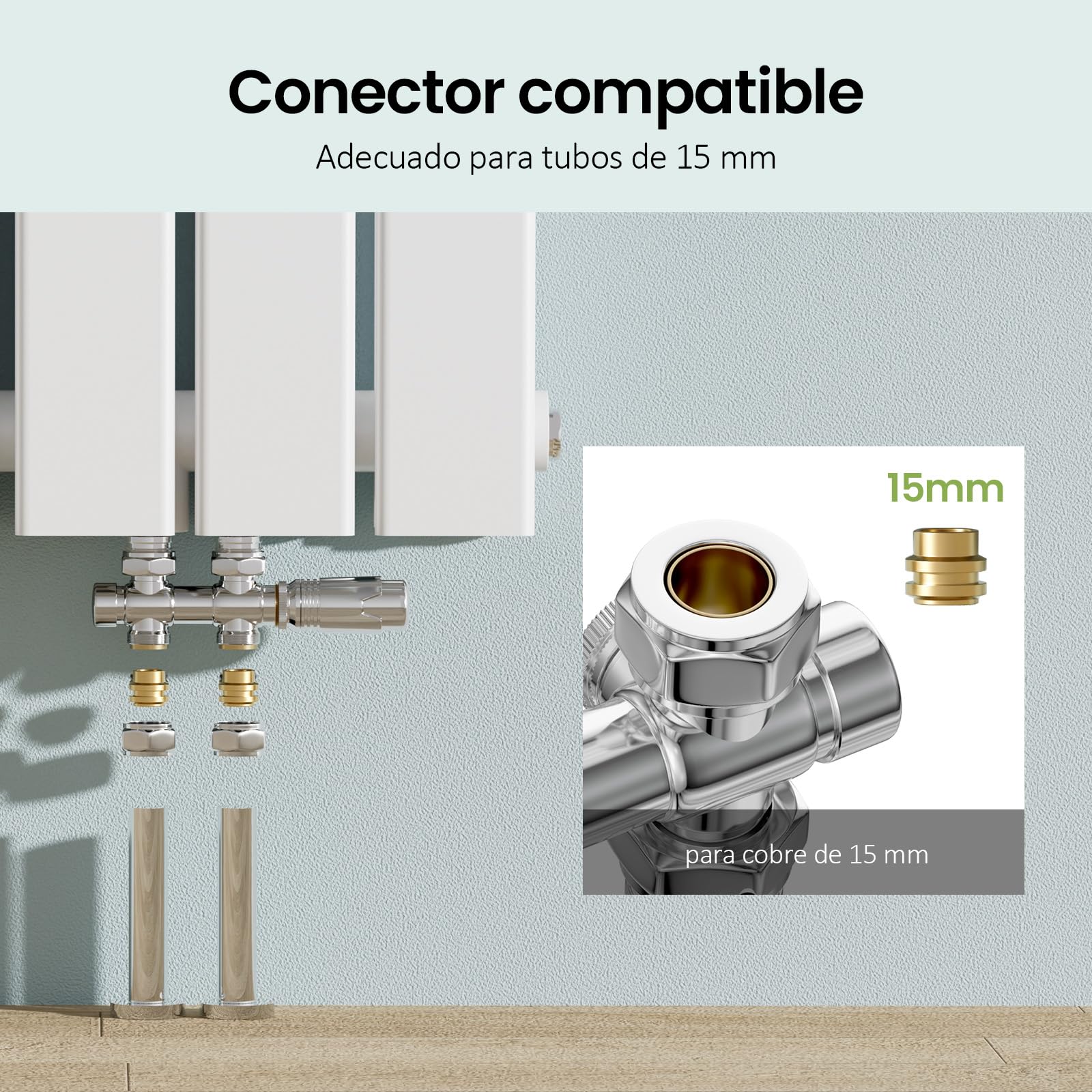 S'AFIELINA Multiblock Radiador con Válvula Termostática, Cromo 2 Pieza | Kit para Radiadores y Toalleros de Baño, Válvula de Cierre, Conexión para Tubo de Cobre 15 mm