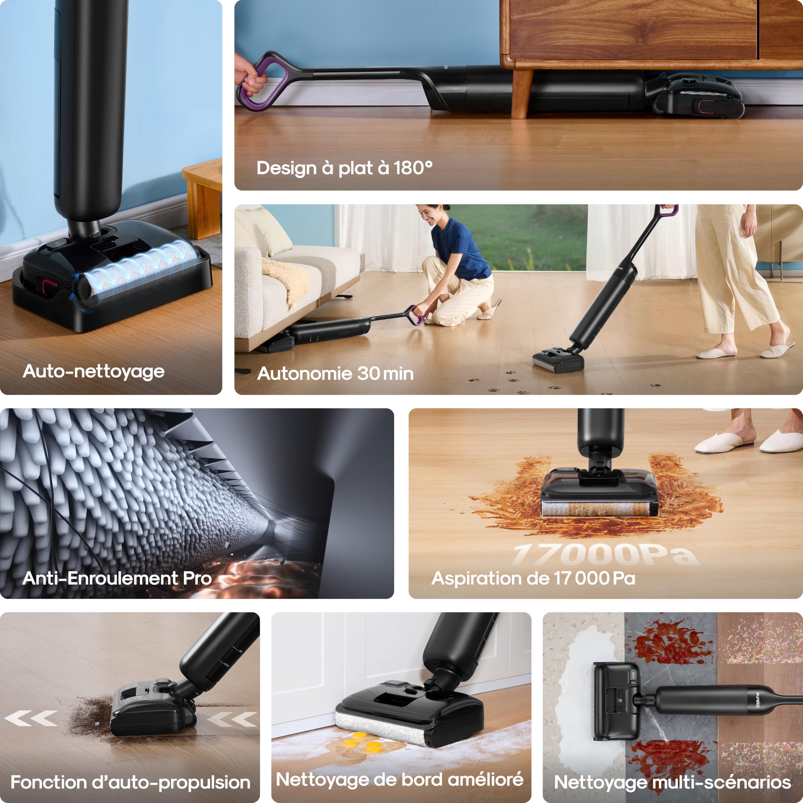 EUREKA FloorShine 460 Aspirateur Laveur Inclinaison à Plat 180° Hauteur 11,5 cm, Nettoyage Bords, Auto Séchage, 30 min Autonomie, Aspirateur Laveur Eau et Poussière, Grands Réservoirs, Anti-Emmêlement