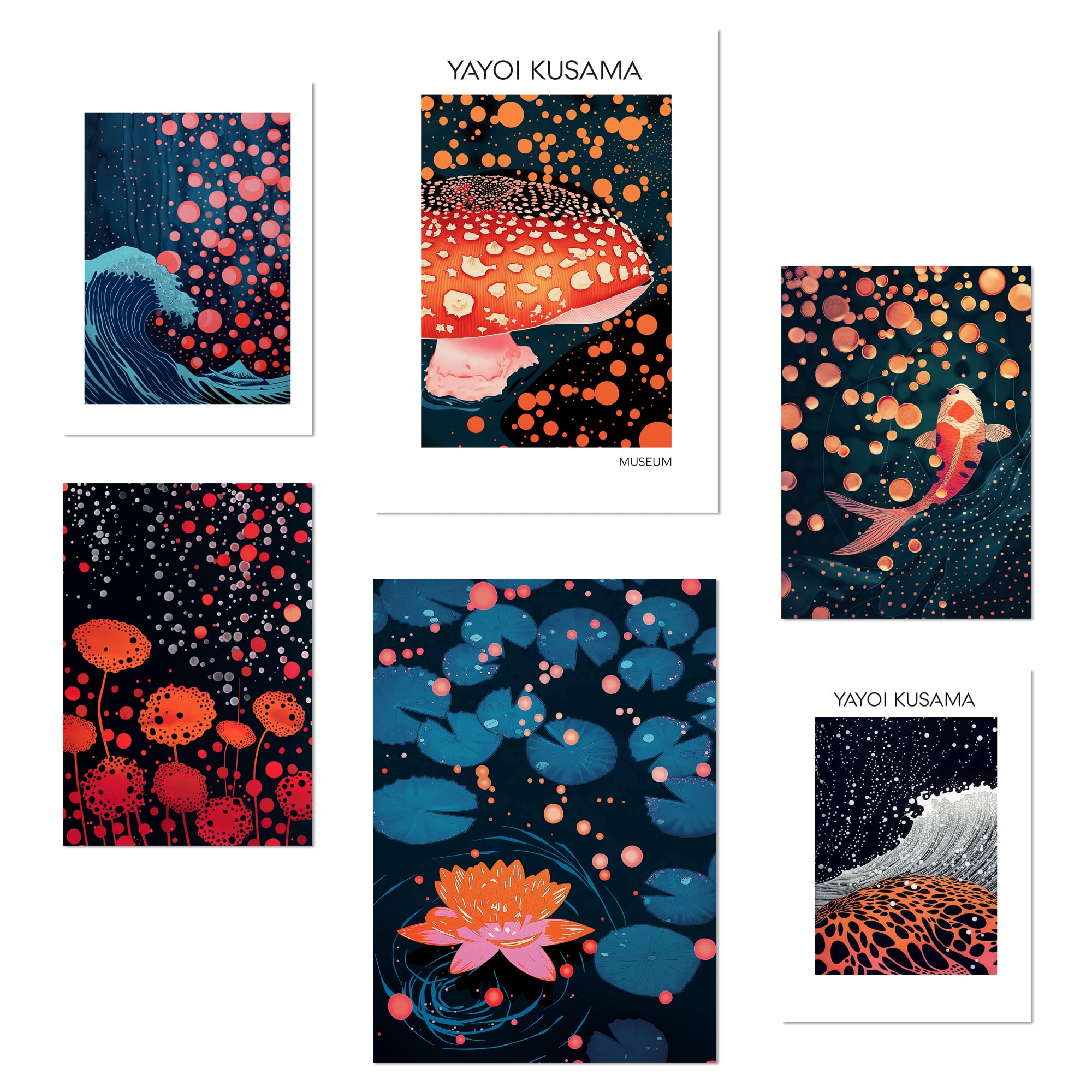 Nacnic Set of 6 Yayoi Kusama Mushroom Wave Dark Colors Japanise Posters with design illustration to decorate the walls of home. Rooms, office, shop and business. Painting in A3 and A4 size. Frameless.