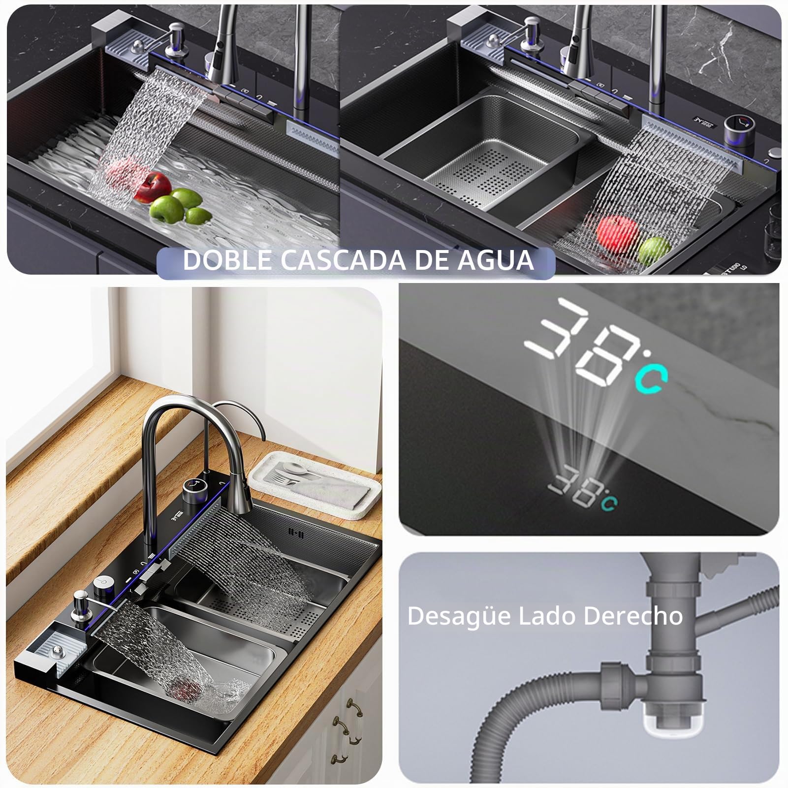 Fregadero de cocina de acero inoxidable multifunción de 80 x 50 cm – 2 cascada fregadero de agua, grifo extraíble, gran lavabo de cocina, con dispensador de jabón, con accesorios para