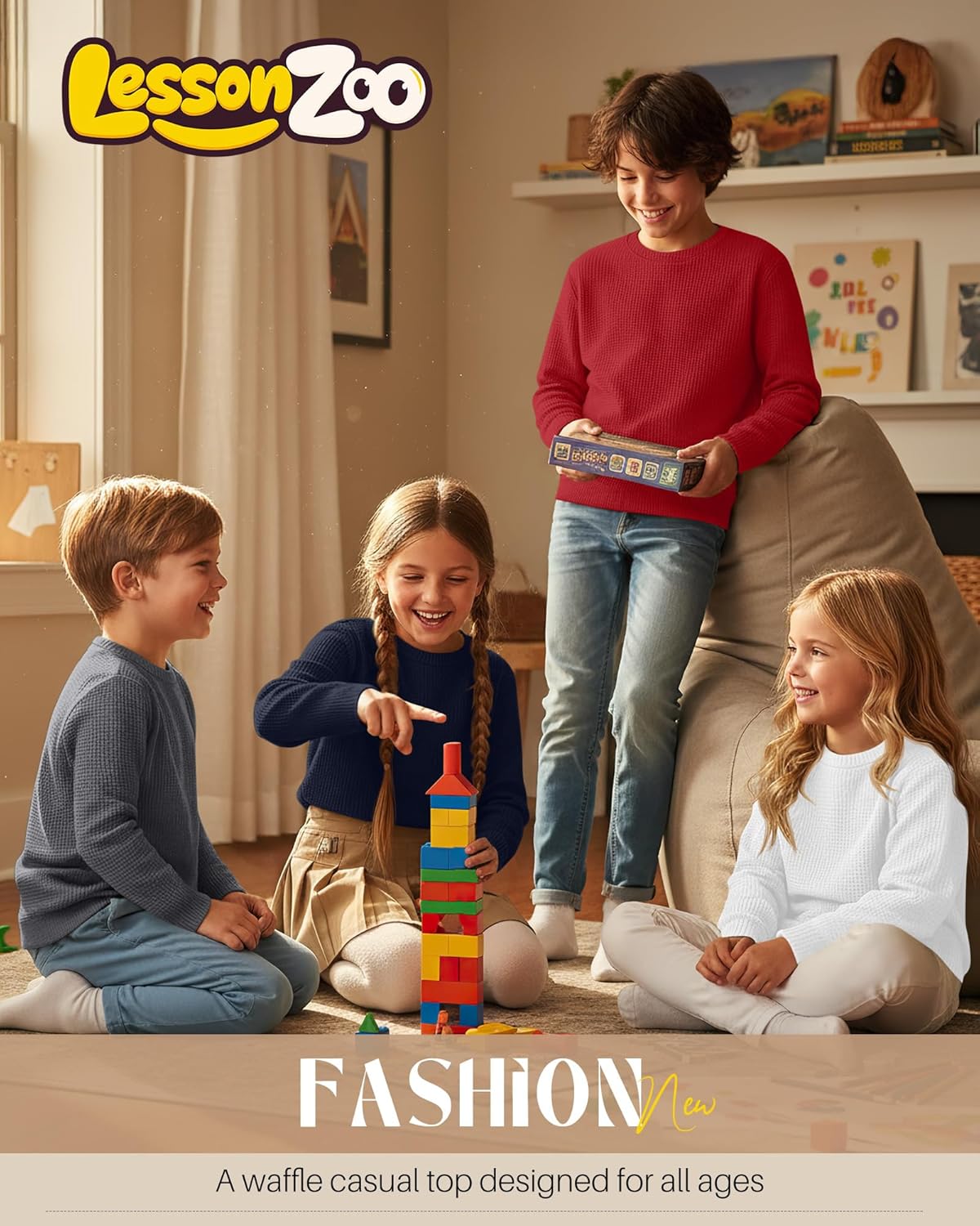 5 Pack Boy's Long Sleeve Shirts, Waffle Knit Crew Neck Tops T-Shirts Basic Layer Undershirts 5-14 Years Kids - Image 2