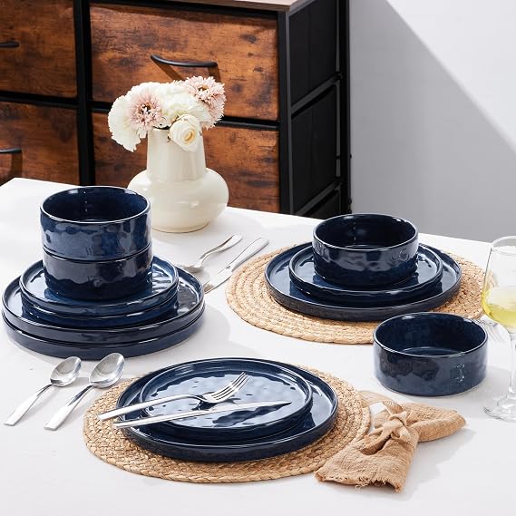 Herogo Stoneware Dinner Set for 4 People, Plates and Bowls, Nebulas Blue | 12 Piece Reactive Glaze Dinnerware for Home Dining, Microwave and Dishwasher Safe, Chip and Scratch Resistant, Ripple Surface