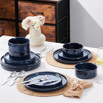 Herogo Stoneware Dinner Set for 4 People, Plates and Bowls, Nebulas Blue | 12 Piece Reactive Glaze Dinnerware for Home Dining, Microwave and Dishwasher Safe, Chip and Scratch Resistant, Ripple Surface