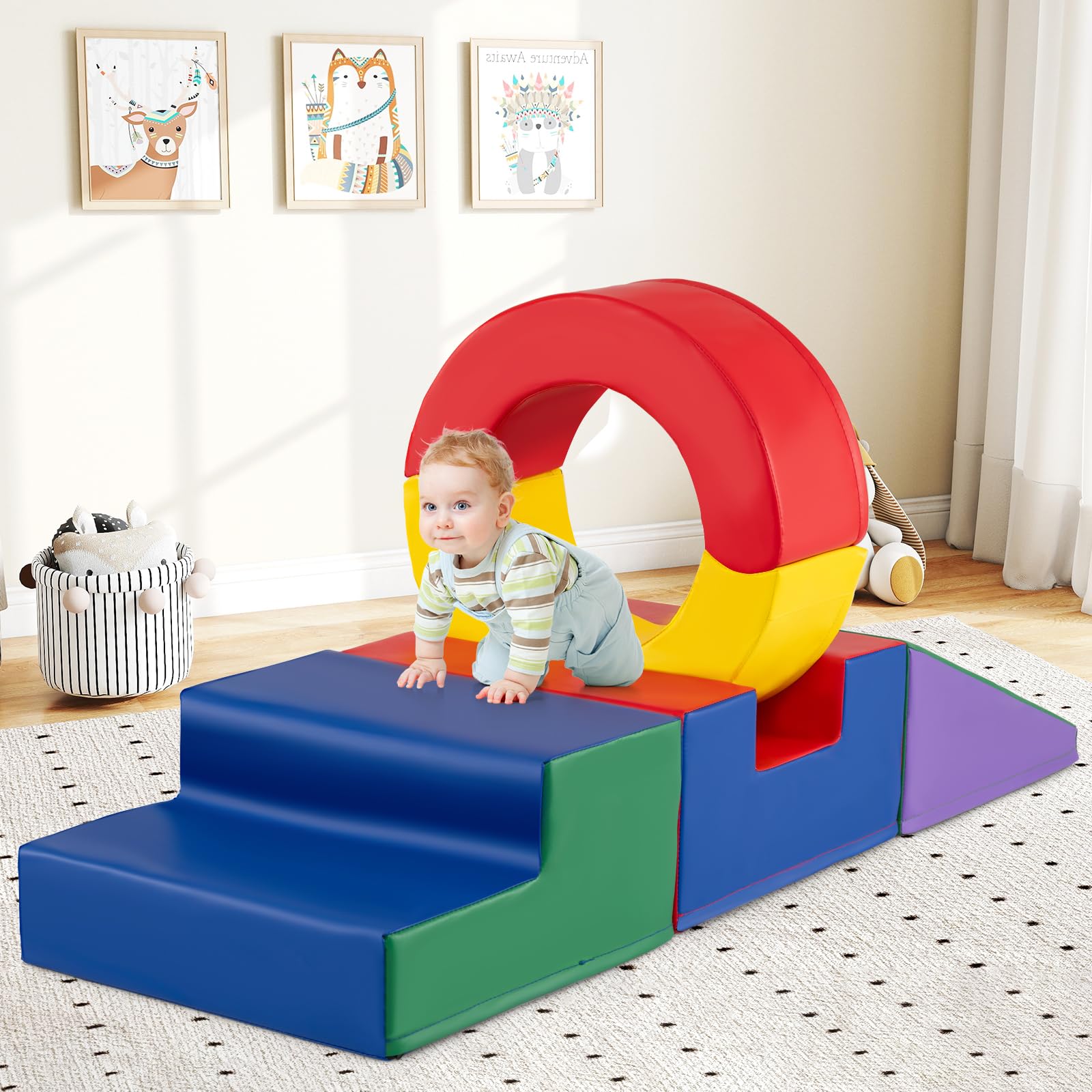 COSTWAY Set di 5 Blocchi in Schiuma EPE per Bambini, Set Gioco da Arrampicata con Rivestimento Rimovibile in Finta Pelle Impermeabile, Blocchi di Costruzione Morbidi per Bambini 12+ Mesi
