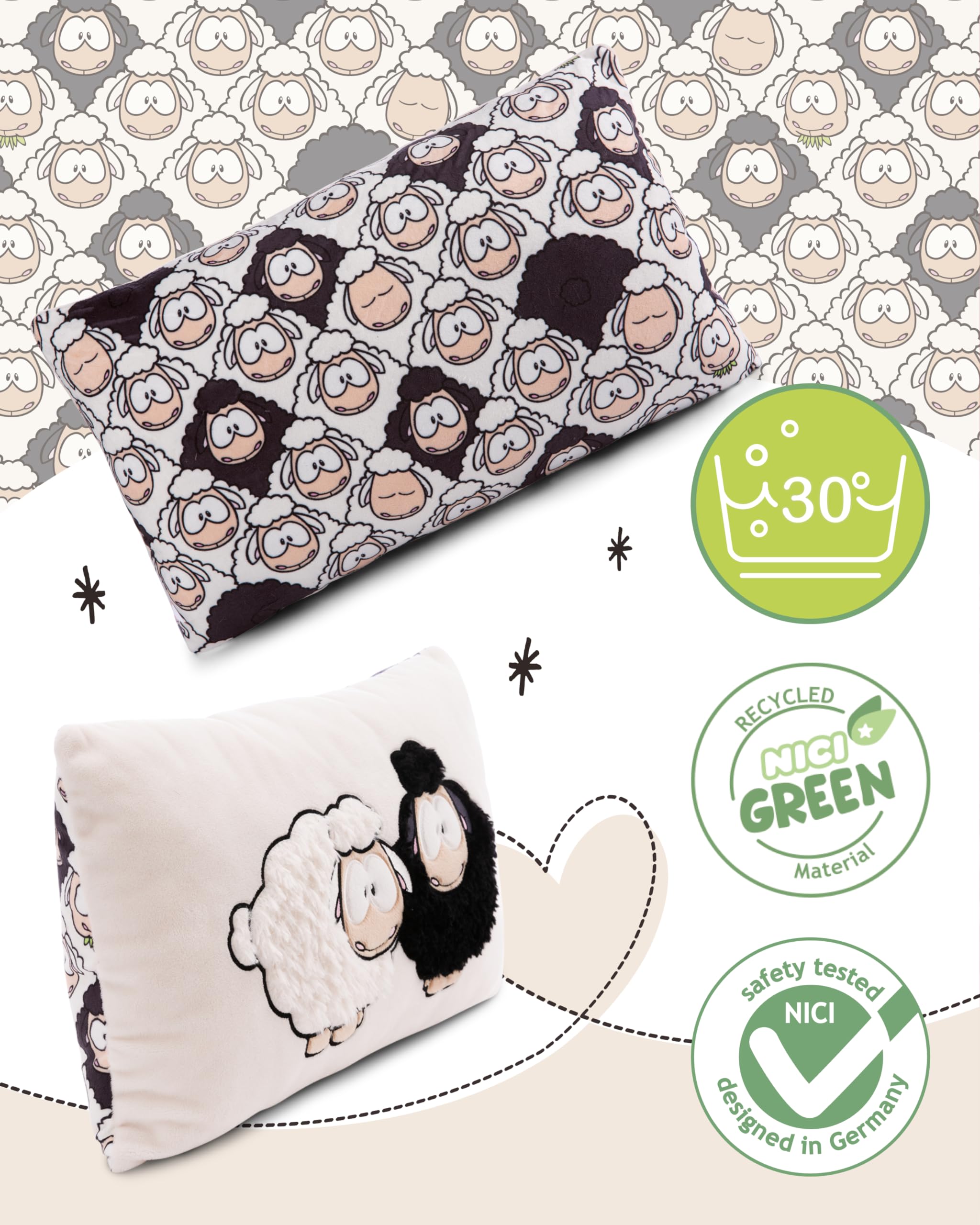 NICI Kuschelkissen Wool*y Gang Green 43 x 25cm, Weiches Plüsch, Flauschiges Kuscheltierkissen mit Schafen für Mädchen, Jungen & Babys, Rechteckiges Stofftierkissen - 49682