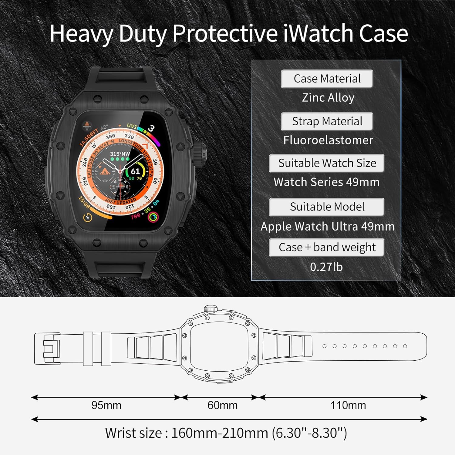 Luxury Case for Apple Watch Ultra 3/2/1 49mm FKM Band, Rugged Bumper Metal Cover + Built-in Glass + Fluoroelastomer Strap for Men's Heavy Duty iWatch Series 49mm Protective Case (49MM, Black) - Image 6