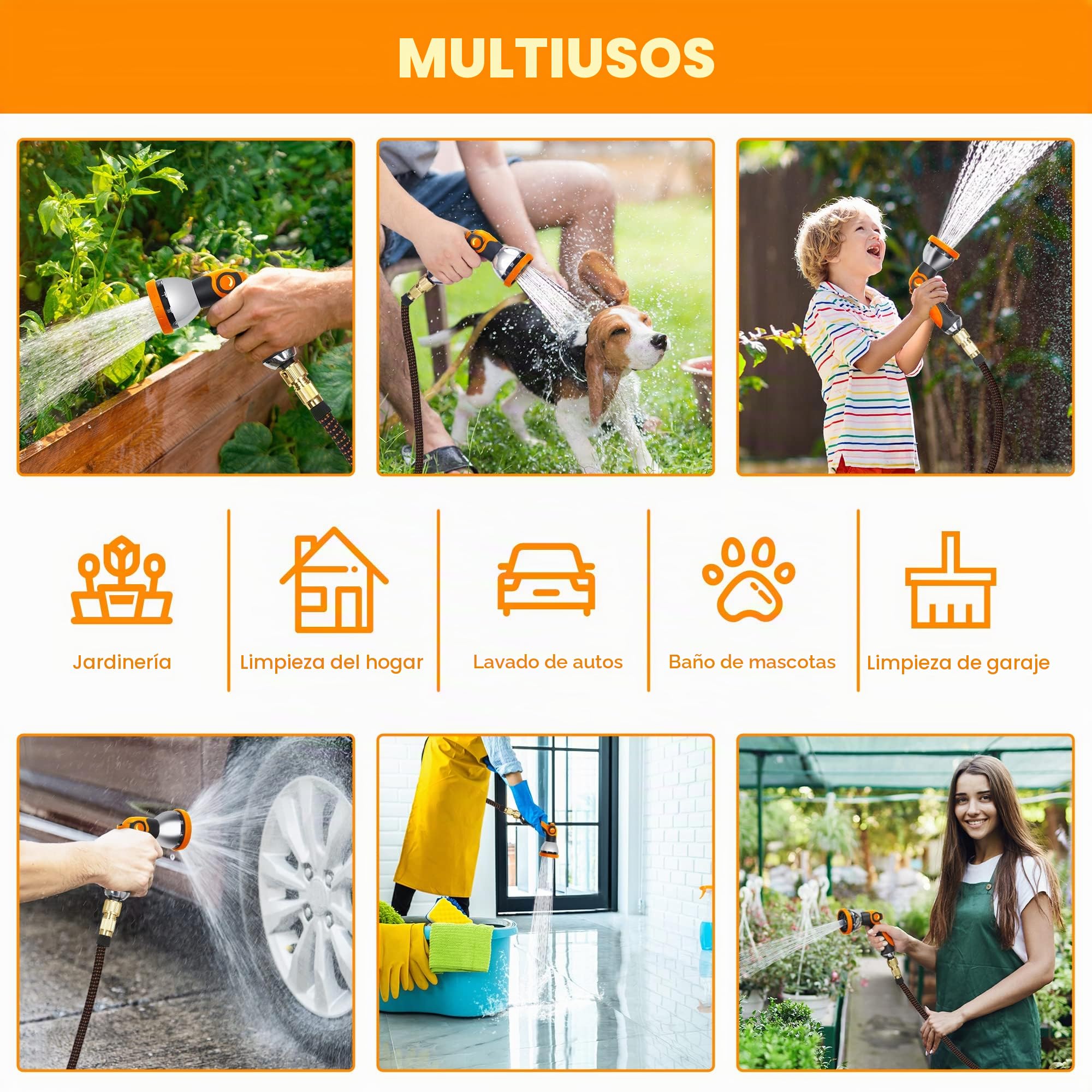 manguera jardin, manguera extensible con 10 boquillas de patrón de pulverización, conector de latón, tela 3750D, manguera de alta resistencia con núcleo de látex de 4 capas-30m/100ft