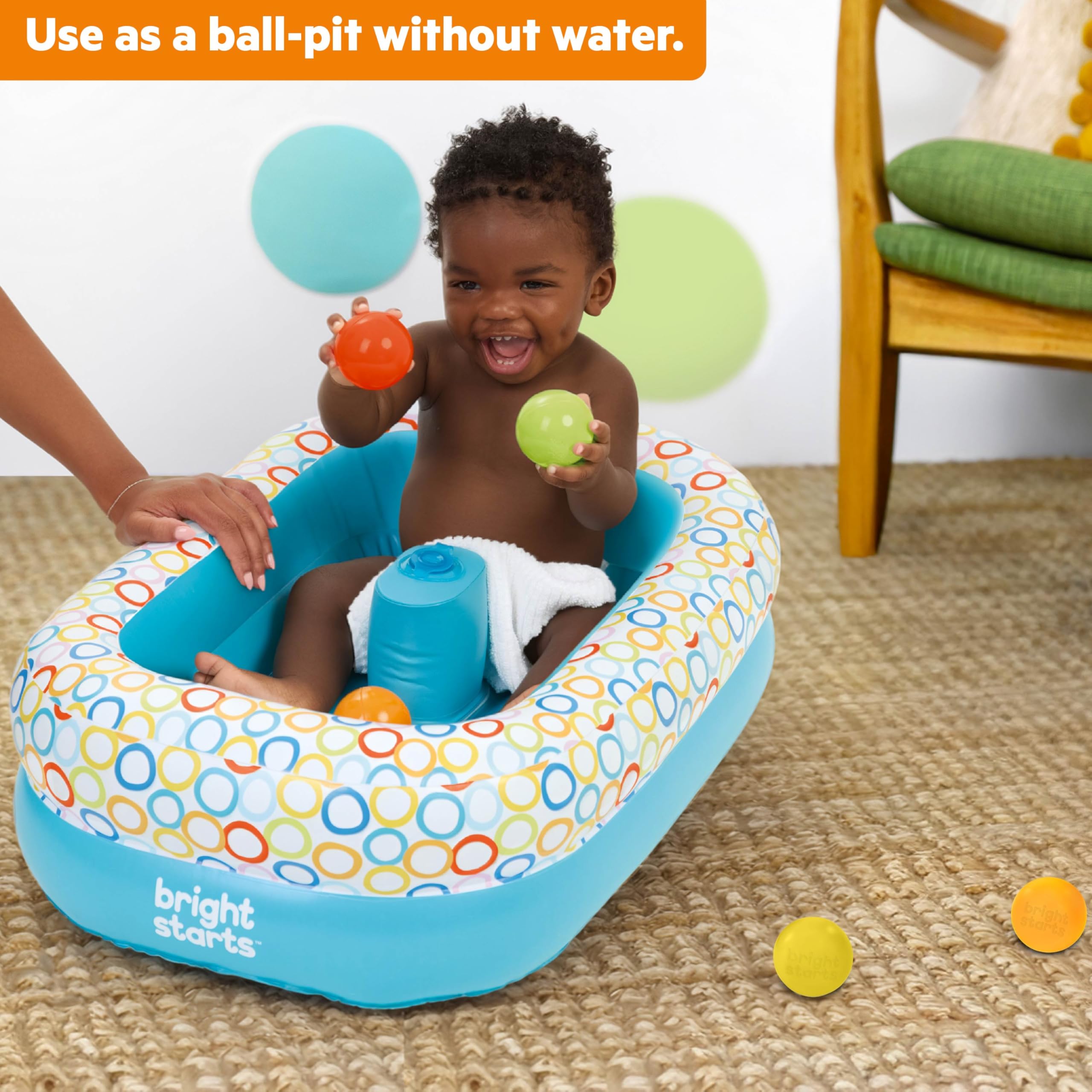 Bright Starts, 2 en 1 Bañera plegable y Piscina de Bolas, Bañera Hinchable para Bebé con Bomba de Aire Integrada y 8 Bolas Flotantes, Bañera inflable, Ideal para Bebés a partir de 6 meses