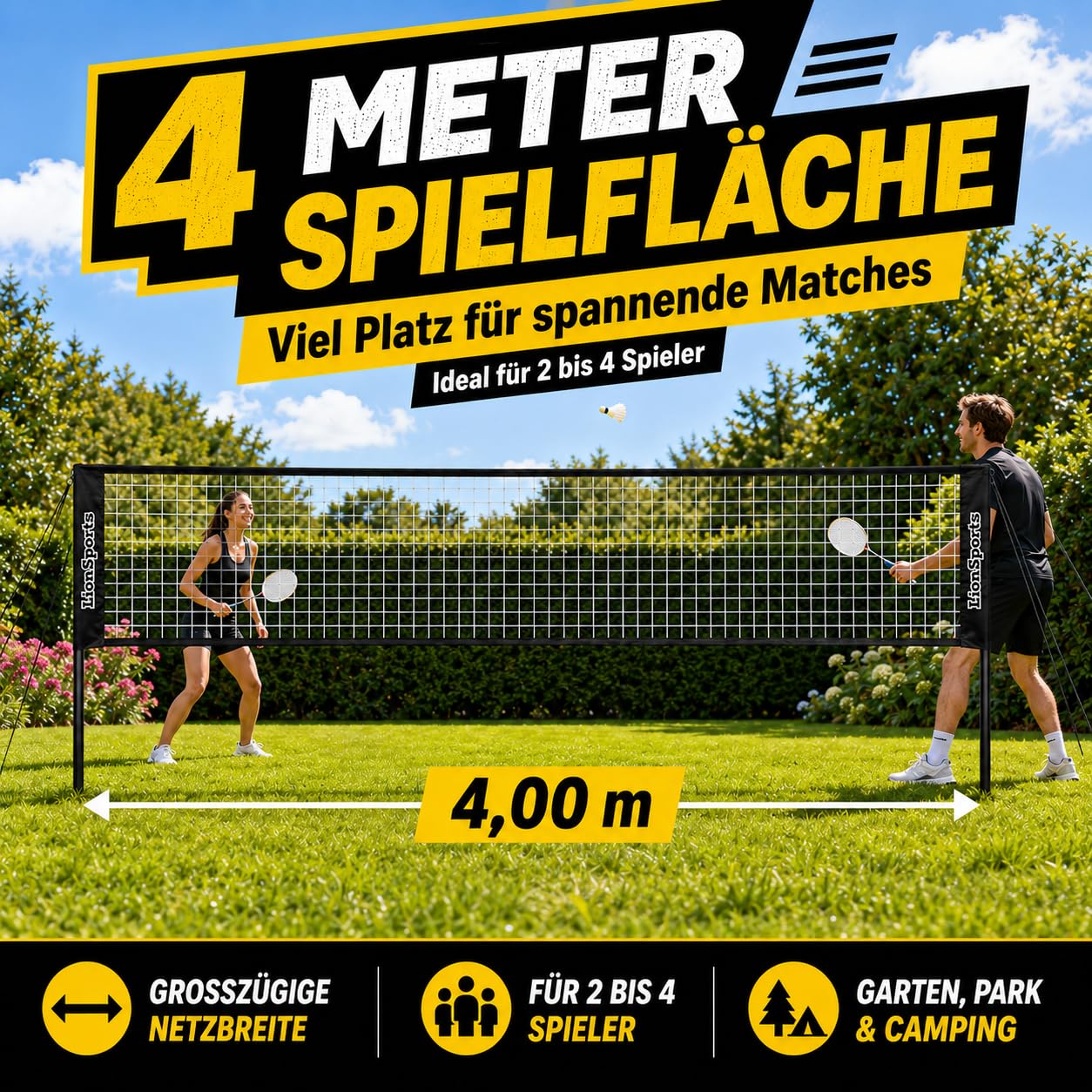 Mobiles universal Profi Netz – Badmintonnetz, Tennisnetz, Volleyballnetz – Höhenverstellbar – aus stabiles pulverbeschichtetes Gestell – mit Transporttasche – Perfekt für alle Outdoorspiele