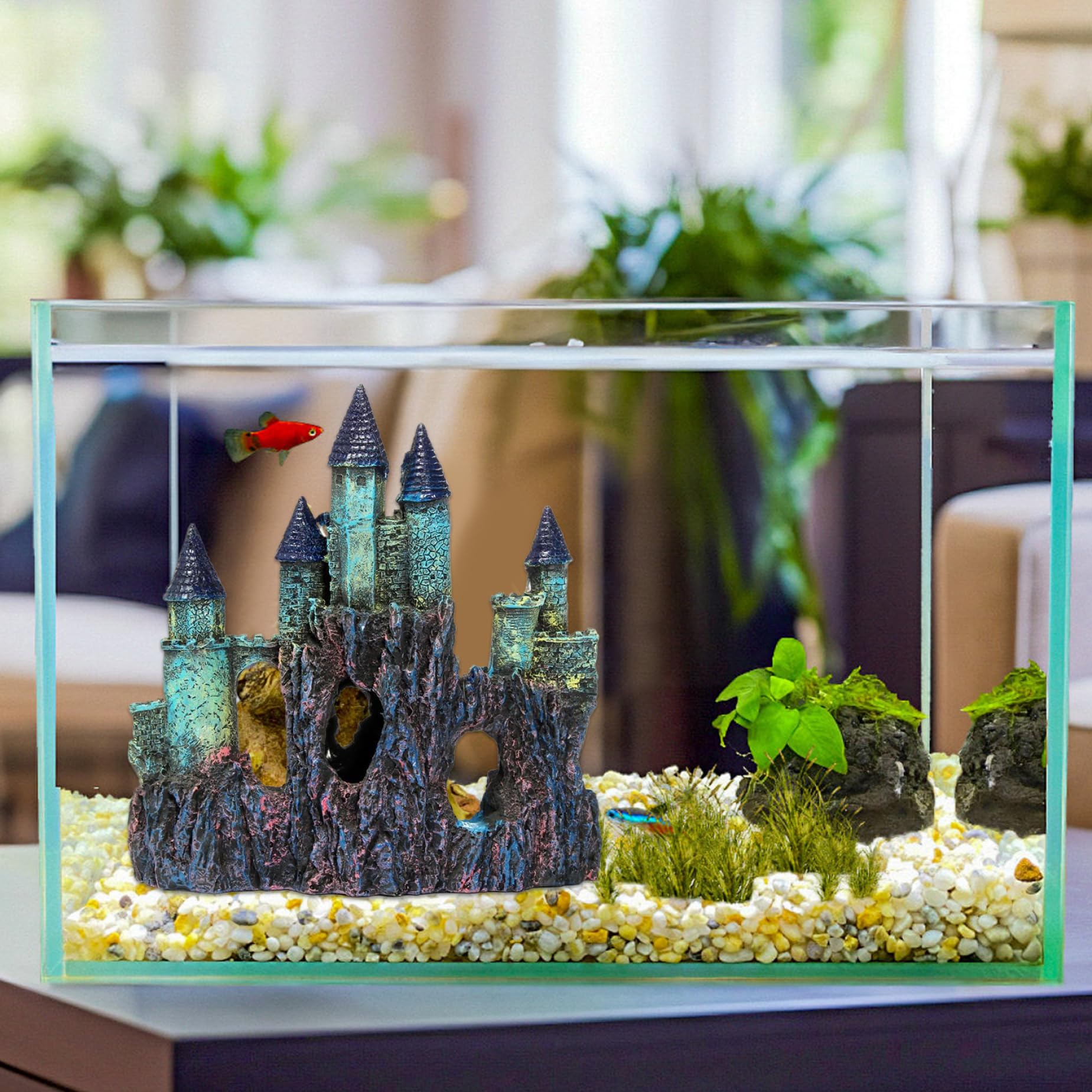 Castello per Acquario, Castello per Acquario in Resina, Decorativo per, Nascondigli Grotta di Pietra Nascondi casa Accessori per acquari Kit iniziali