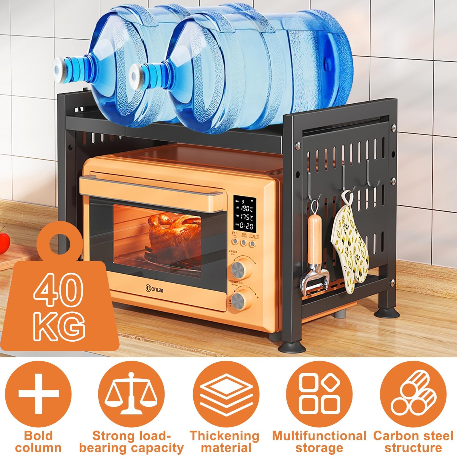 UCAMP Mensola Microonde Estensibile,Regolabile Microonde Scaffale,Acciaio Carbonio Ripiano Contatore Cucina Organizzatore Ripiani,Scaffale Salvaspazio,Supporto Microonde con 10 Ganci