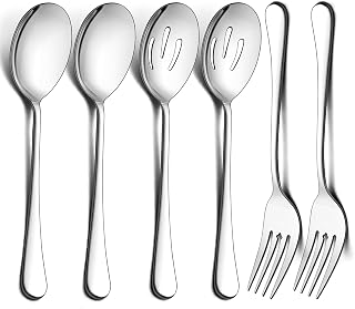 LIANYU 6-Piece 9.8" Stainless Steel Serving Spoons & Forks Set - Buffet Catering Utensils, Mirror Polished, Dishwasher Safe