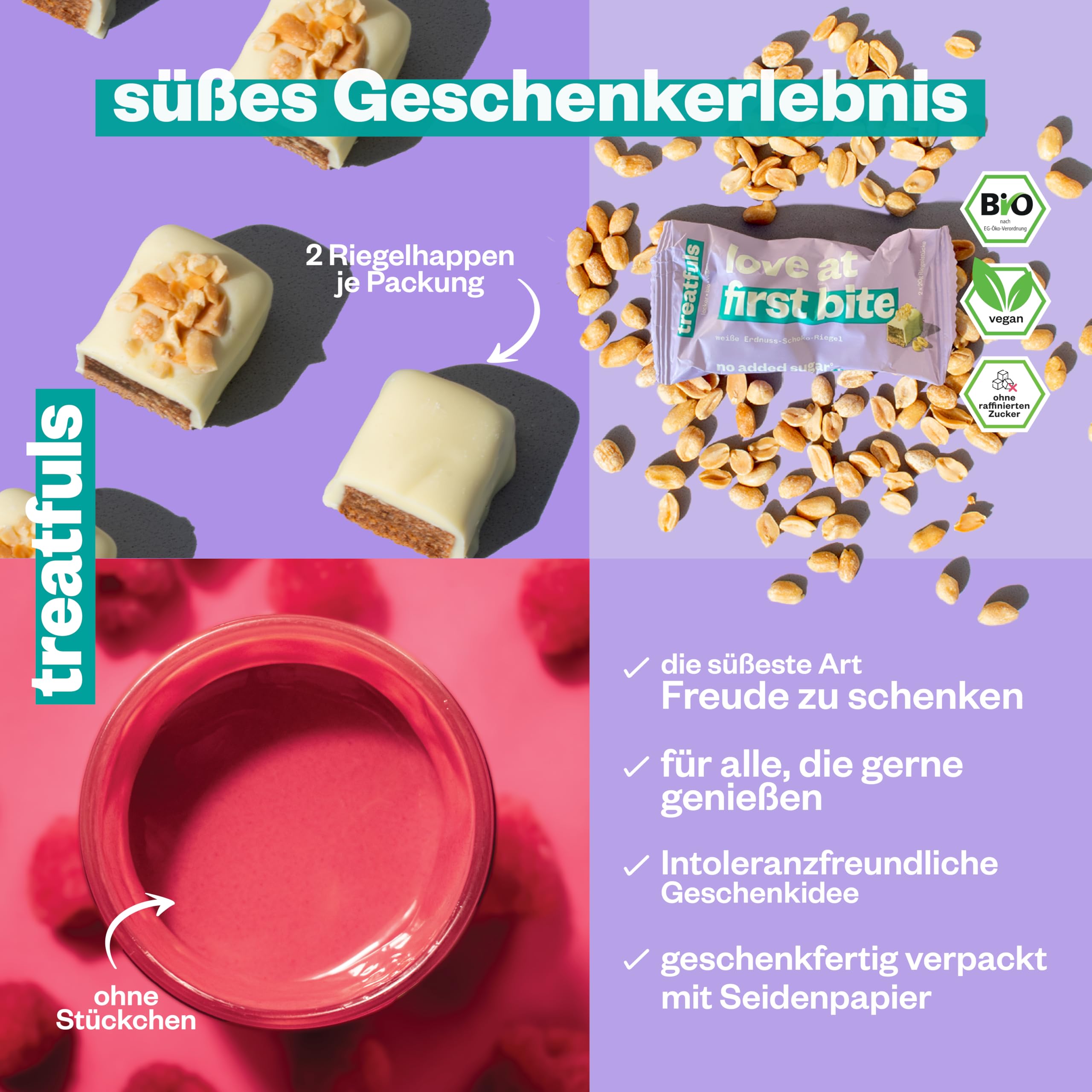 treatfuls Geschenkset aus weißen Schoko Riegel + Nussbutter Aufstrich - vegan - 100% natürliche Zutaten - glutenfrei - vegane Süßigkeiten - Dattelkaramell - Erdnuss