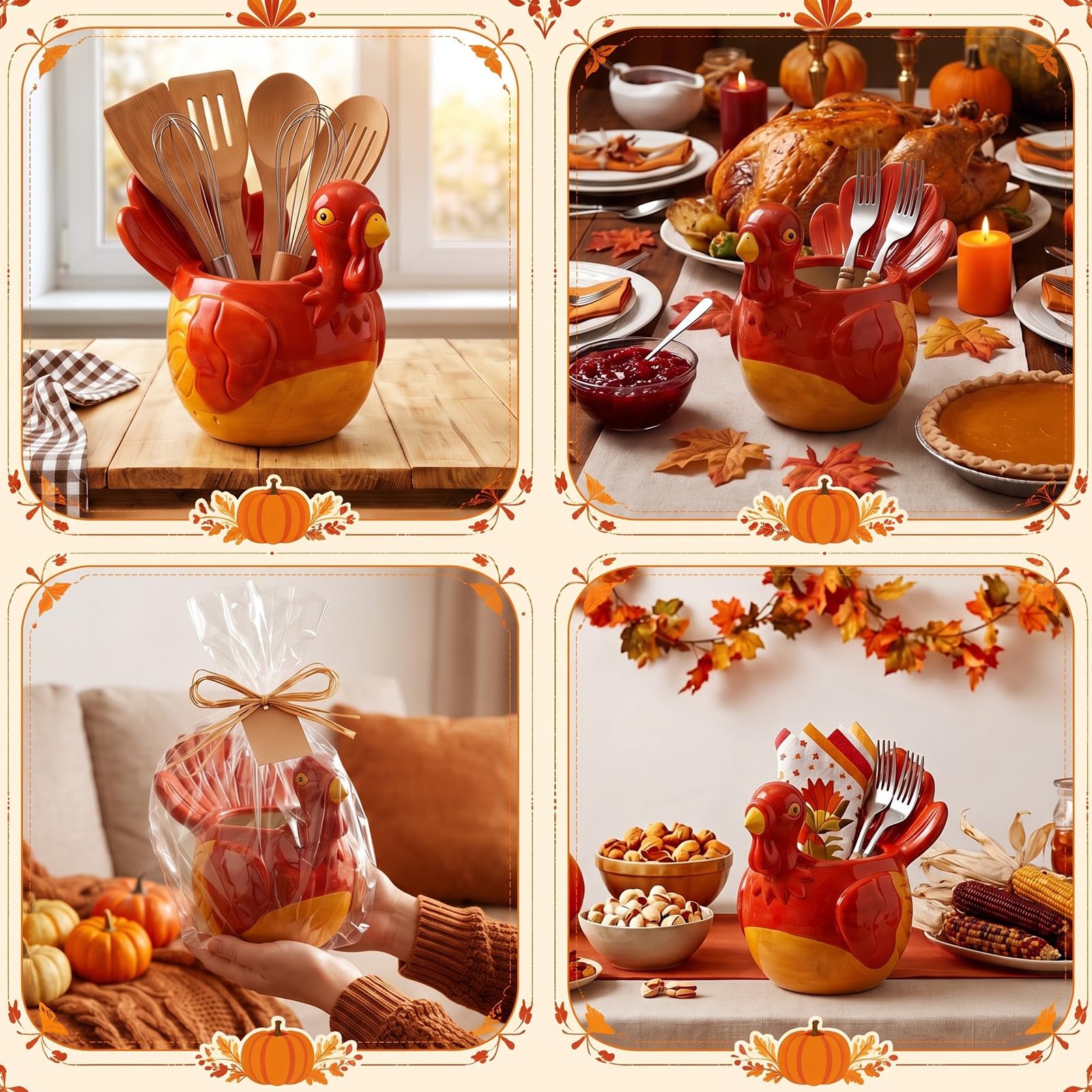 Hushee Portautensili autunnale blu e bianco a forma di zucca in stile cineserie con volute, per raccolto autunnale, Ringraziamento, casa, cucina, piano di lavoro, contenitore portaoggetti (tacchino