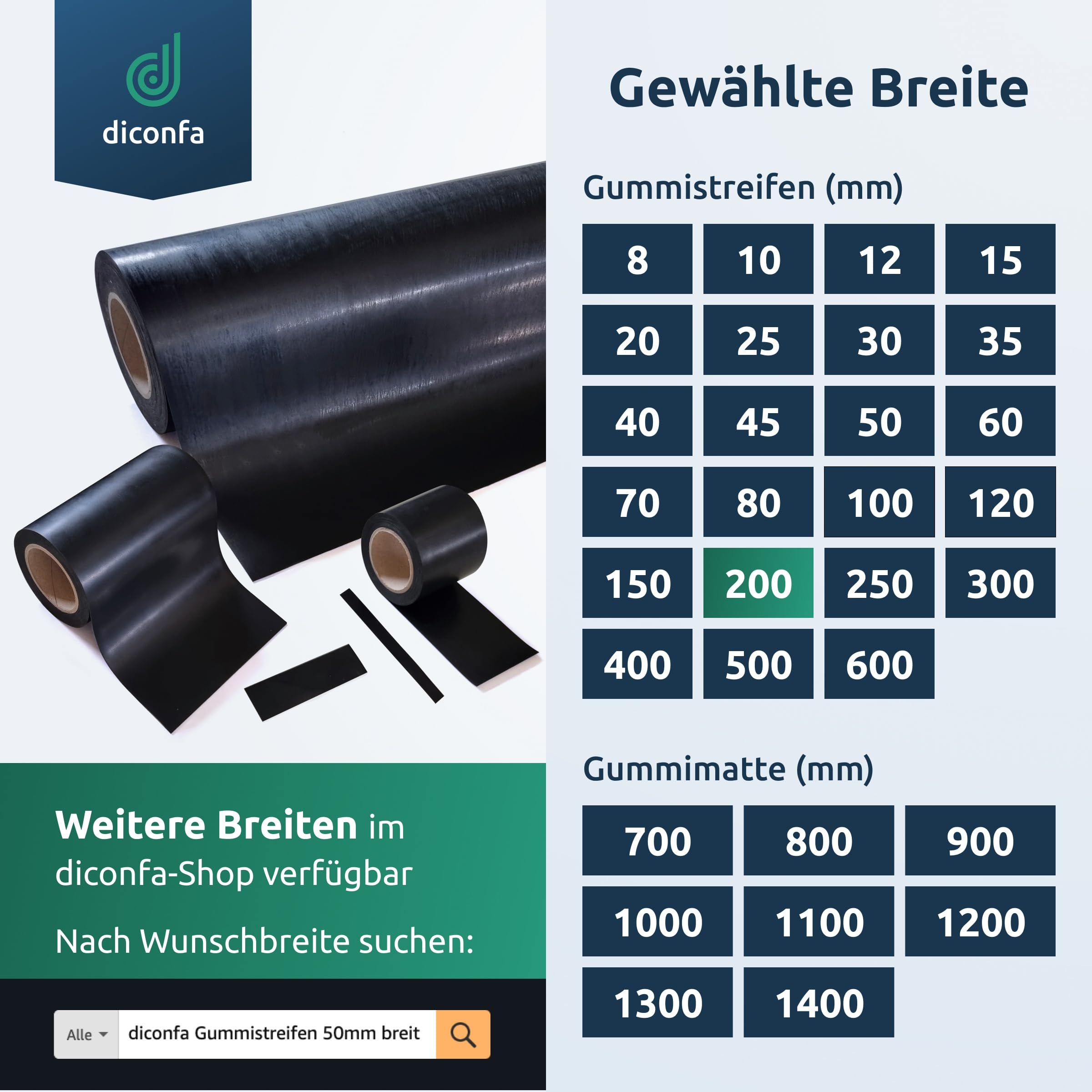 diconfa Gummistreifen SBR 200mm 20cm 0,2m BREIT, 2950mm LANG, 5mm STARK