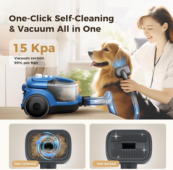 Pet Grooming Kit, 1.5L Dog Hair Suction, 99% Pet Hair Suction, 6 Pet Grooming Tools, 2 Restriction Combs - Suitable for Pet Length, Quiet Pet Vacuum Groomer, Pet Vacuum Suction Adjustable up