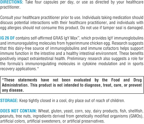 XYMOGEN IG 26 DF - Dairy-Free Immunoglobulin Capsules for Intestinal & Immune System Support - Hyperimmune Egg-Derived Immunoglobulins - 120 Capsules