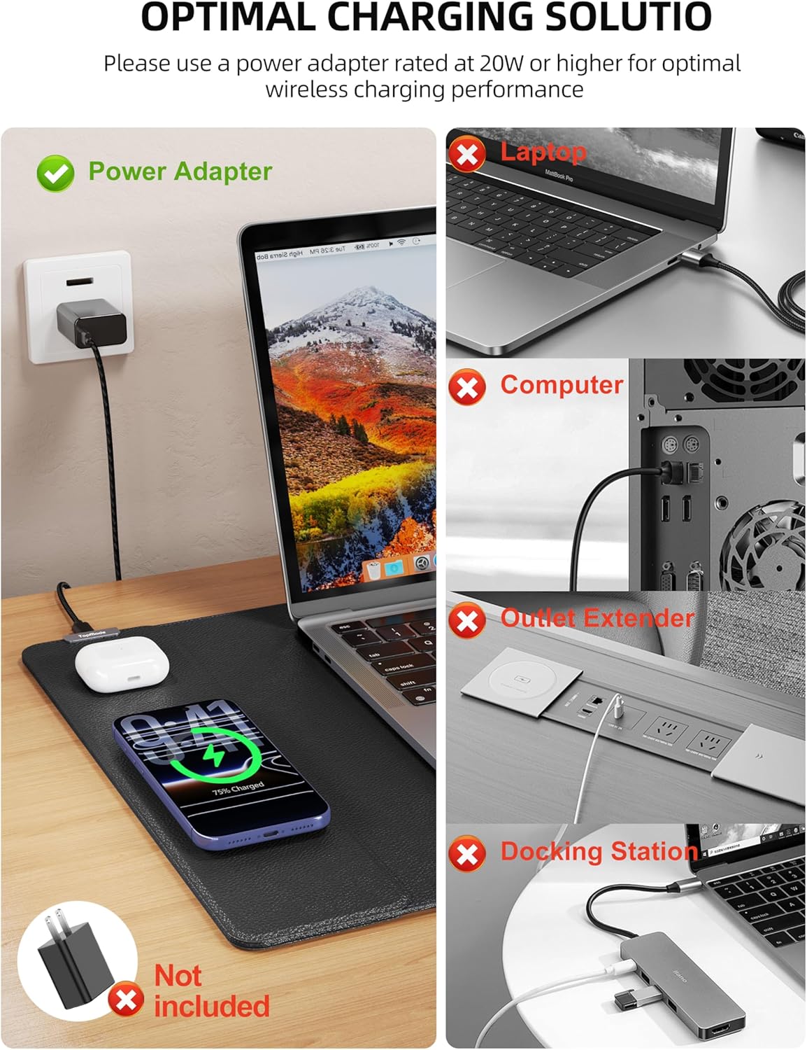 TopMade Mouse Pad with 15W Wireless Charging, XXL Large Leather Desk Mat, Waterproof Gaming Mousepad Home Office Desk Pad Protector, Computer Keyboard Pad, Mouse Mat for MacBook, PC, Laptop, Black