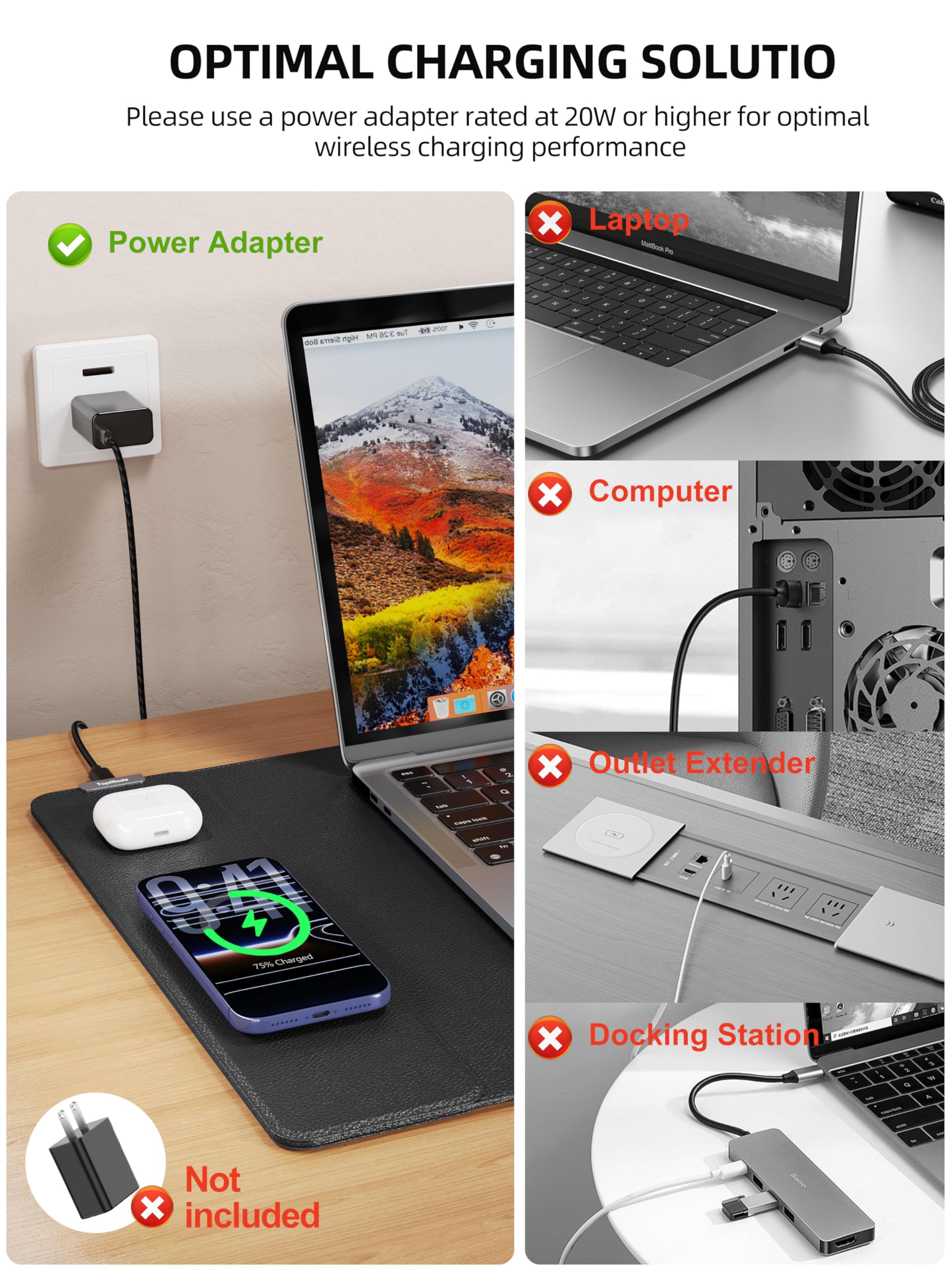 TopMade Alfombrilla de mouse con carga inalámbrica de 15 W, alfombrilla de escritorio de cuero grande XXL, impermeable, para juegos, hogar, oficina, escritorio, protector de teclado de computadora