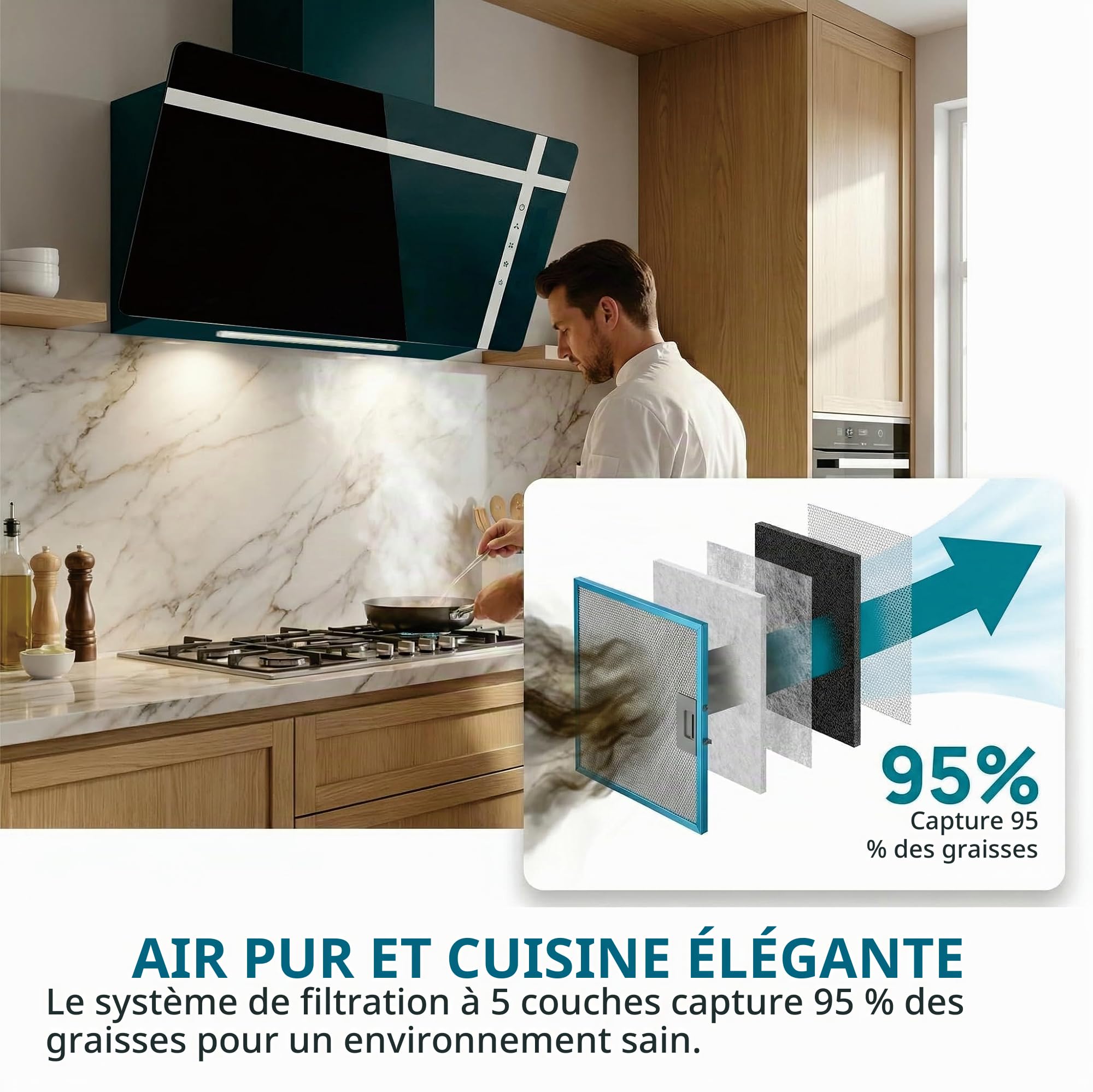 DOPURE Hotte Aspirante Murale Style 60 cm - Double Mode Recirculation/Évacuation, Commande Tactile Verticale, 3 Vitesses, Livrée avec 4 Filtres à Charbon, Énergie A+++, Noir