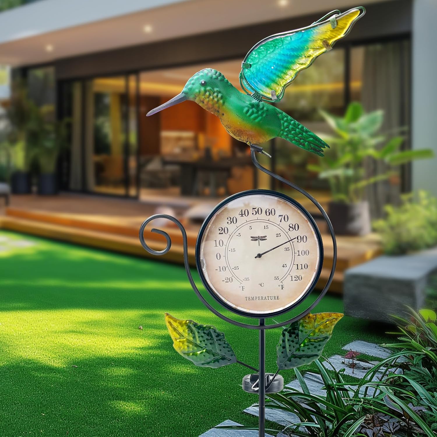 HONGLAND Outdoor Thermometer with Solar & Warm LED Lights, Metal Hummingbird Temperature Stake for Garden, Lawn, Patio, Waterproof Yard Decor