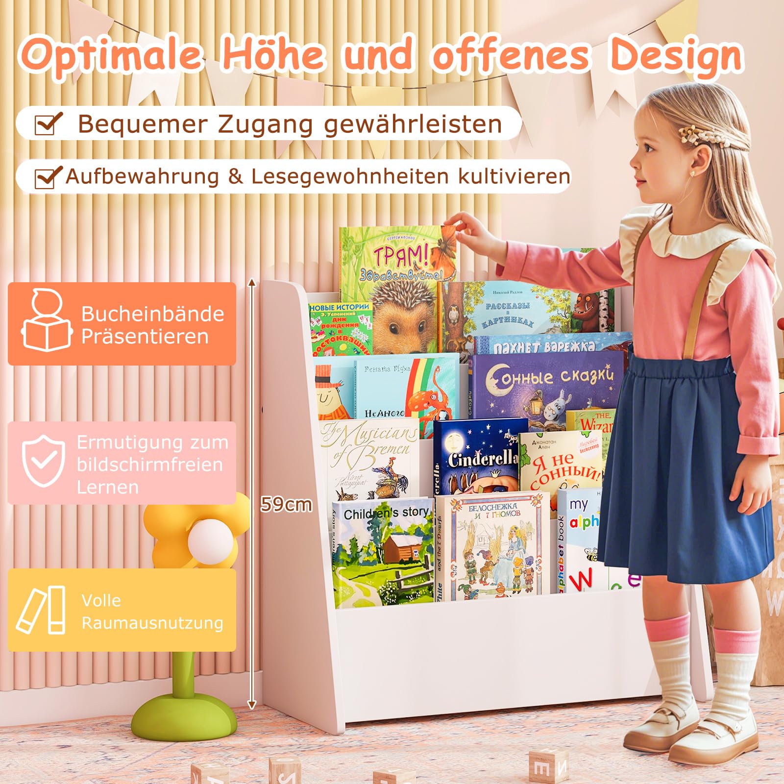 COSTWAY Kinderregal mit 4 Fächern, Bücherregal für Kinder, Zeitungsständer, Aufbewahrungsregal für Kinderzimmer, Spielzimmer, 57,5 x 26,5 x 59 cm (Weiß)