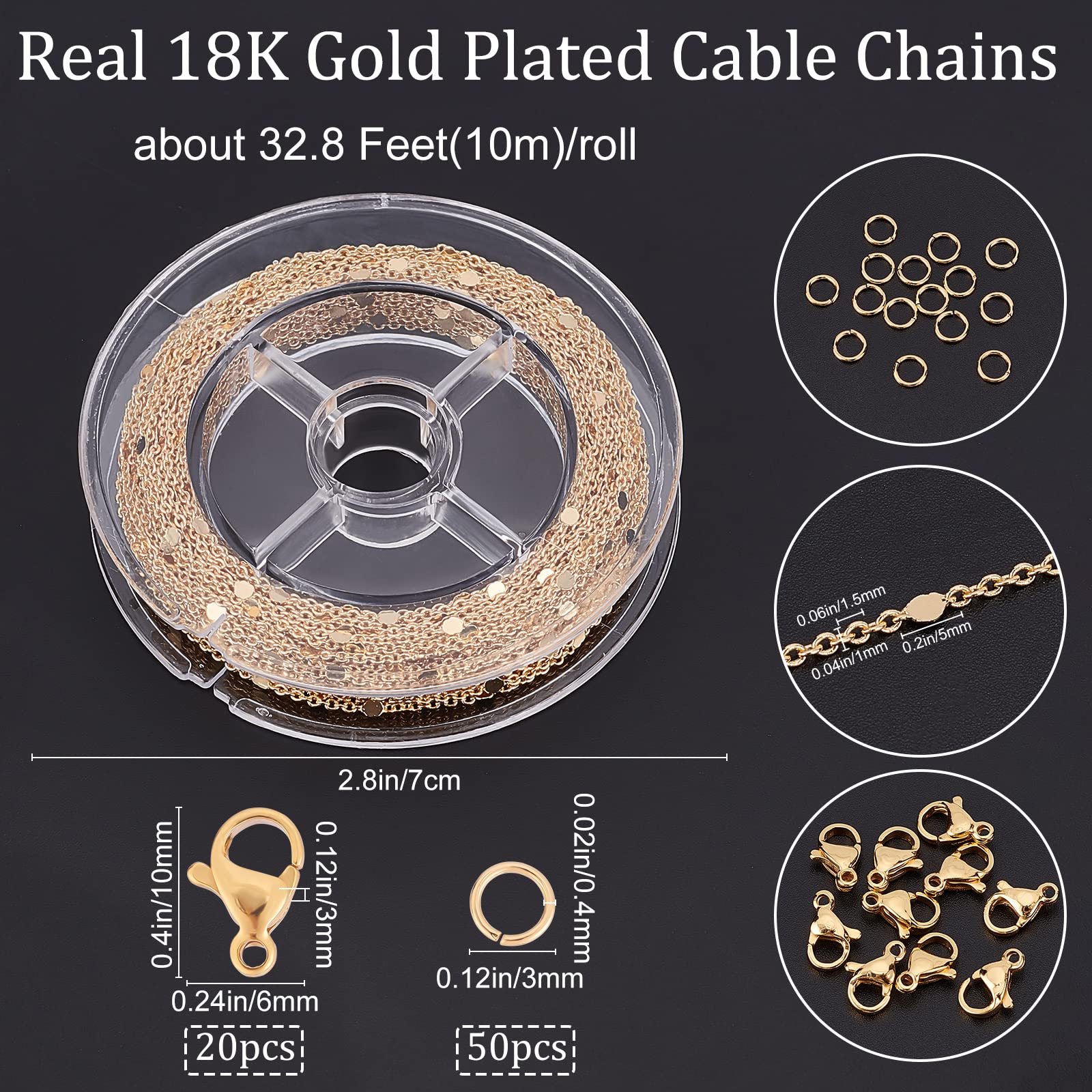Beebeecraft 32.8 piede 18K Catene Placcate Oro per La Creazione di Gioielli Catena Cavo A Maglie Piatte Tonde con 20 chiusure A Moschettone e 50 anelli di Salto