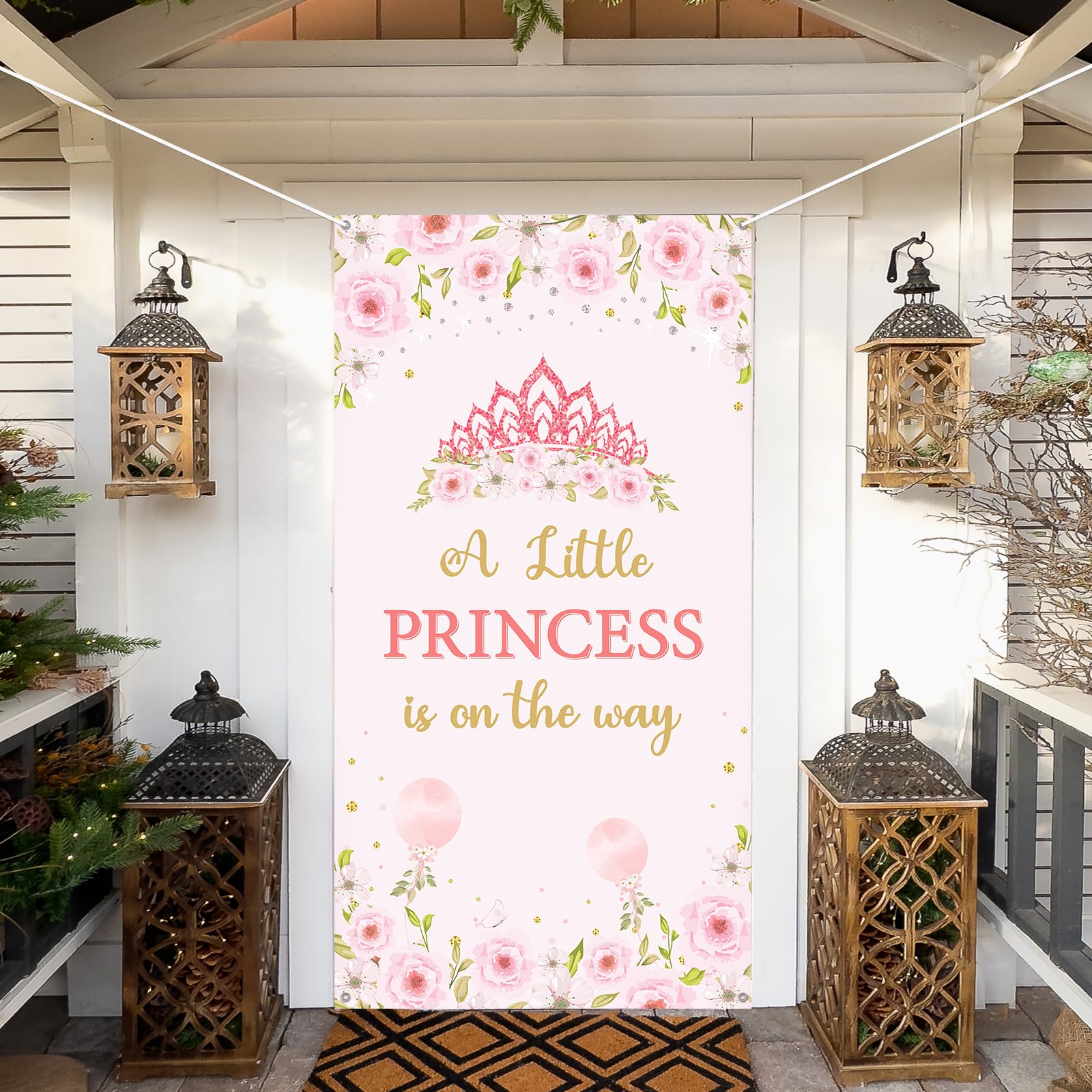 Decoración de pancarta de puerta de baby shower con texto en inglés "A Little Princess is on the Way", decoración de fiesta de revelación de género, fondo de fotografía de baby shower, rosa