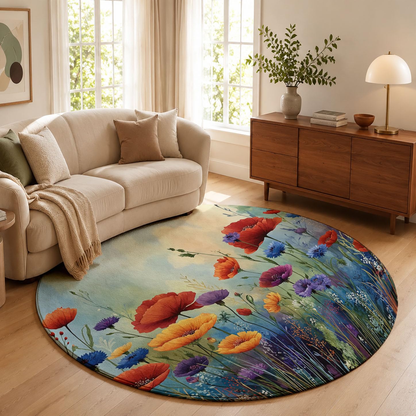 Tappeto Rotondo Fiori Da Giardino Ad Acquerello per Soggiorno, Lavabile in Lavatrice, Antiscivolo, Pelo Corto | Tappeto Papavero Erba Selvatica per Salotto e Camera da Letto,Ø 160 cm, Ciano