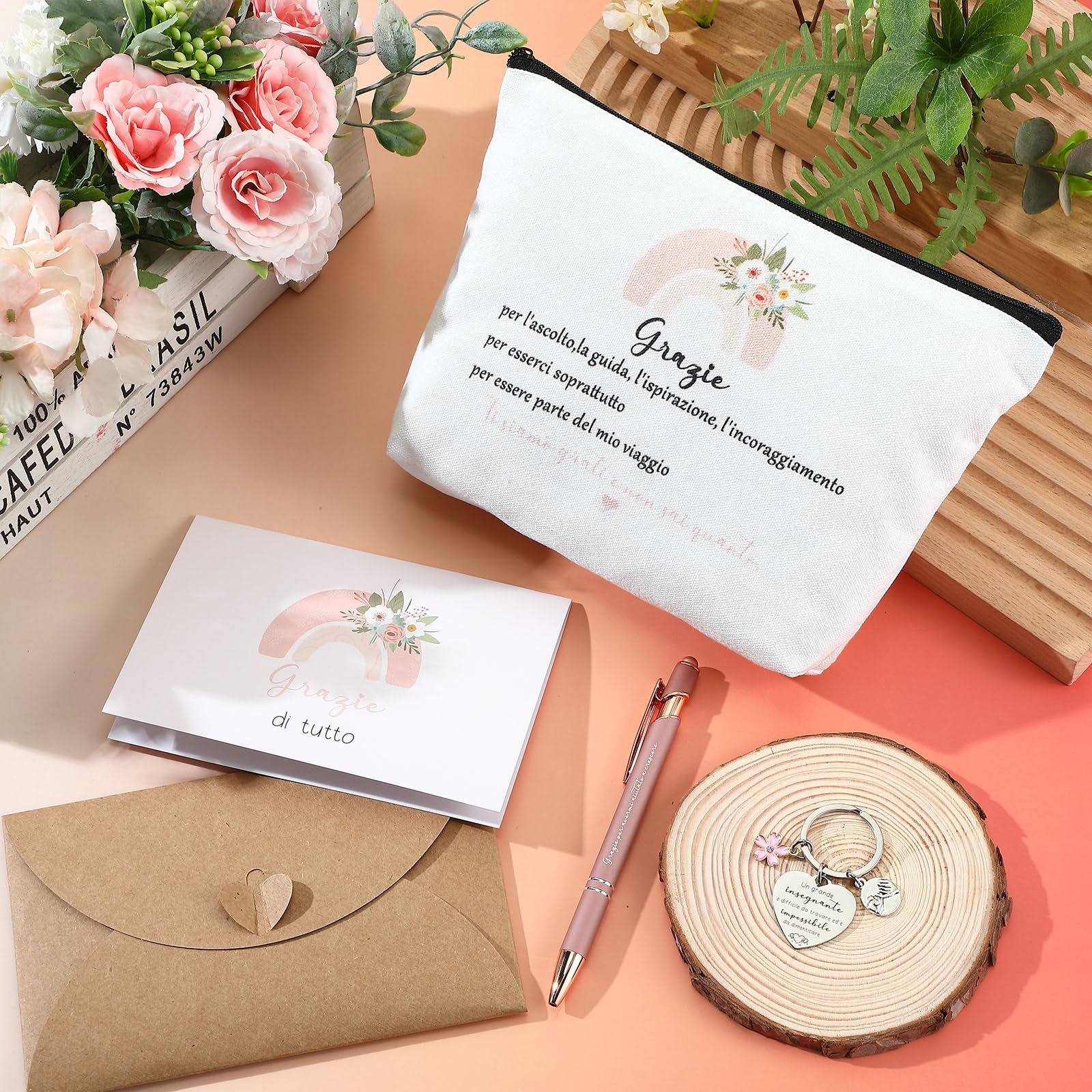 Xuniea 3 Sets Regalo Maestra Regalo Maestra Fine Anno Regali per Insegnanti, Borse Cosmetici Portachiavi Penne e Biglietti per Grazie, Laurea, Compleanno, ‌Festa degli Insegnanti