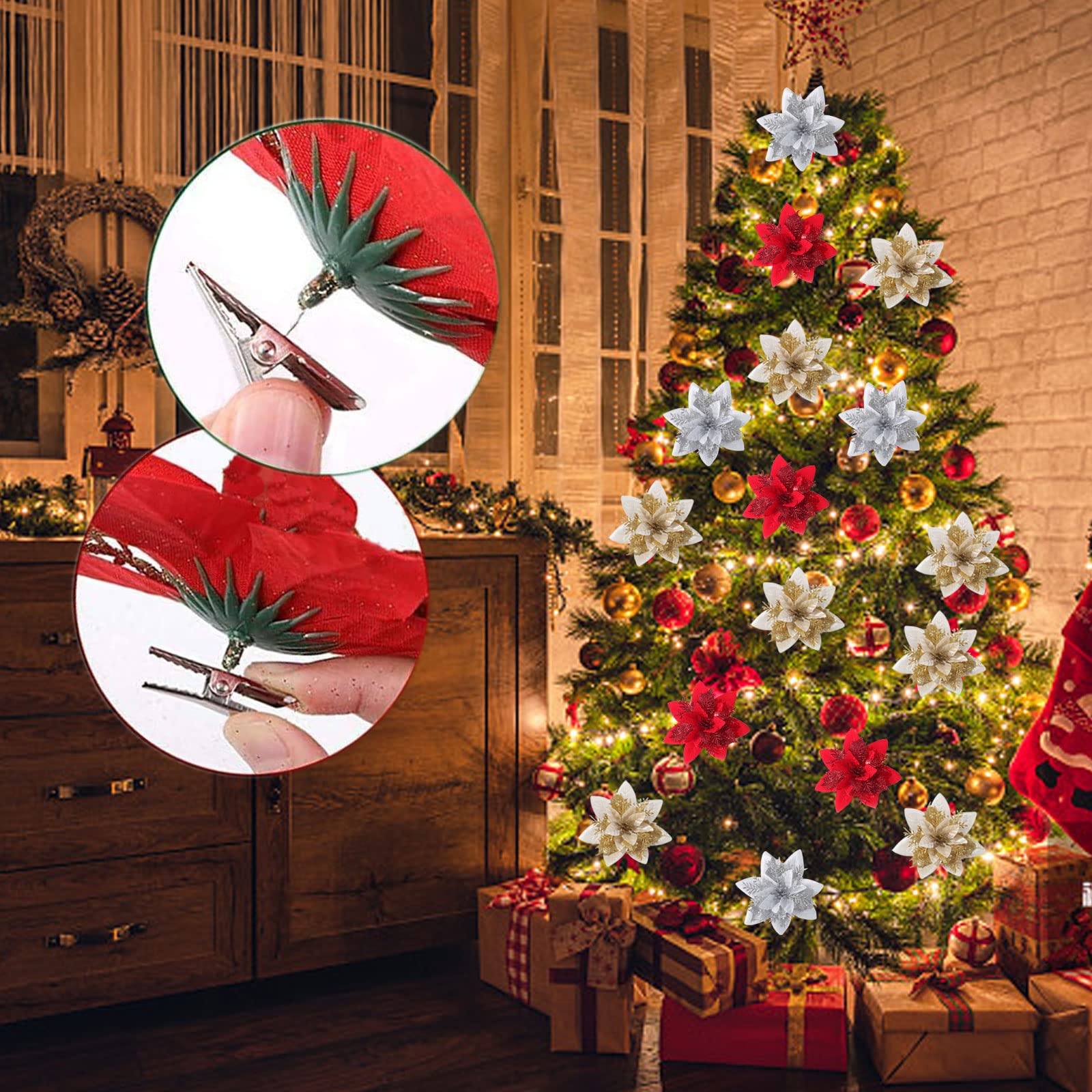 12 Fiori Di Stella Di Natale Di Natale, Fiori Decorativi Di Natale Rossi E Oro Fiori Di Natale Artificiali Glitterati Con Clip E Steli Grigio 90151224