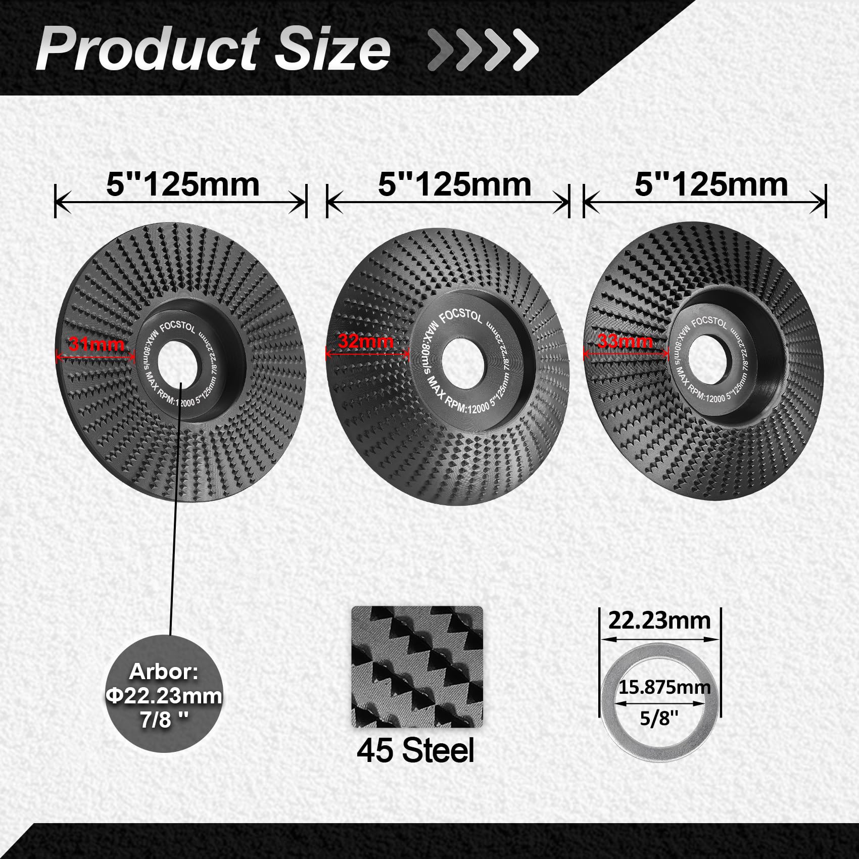 FOCSTOL Disques Bois Meuleuse - 3 pièces 125mm Meuleuse à Bois pour Meuleuse d'angle avec Arbre 22,23/15,875mm pour Meuler Façonnage Polissage