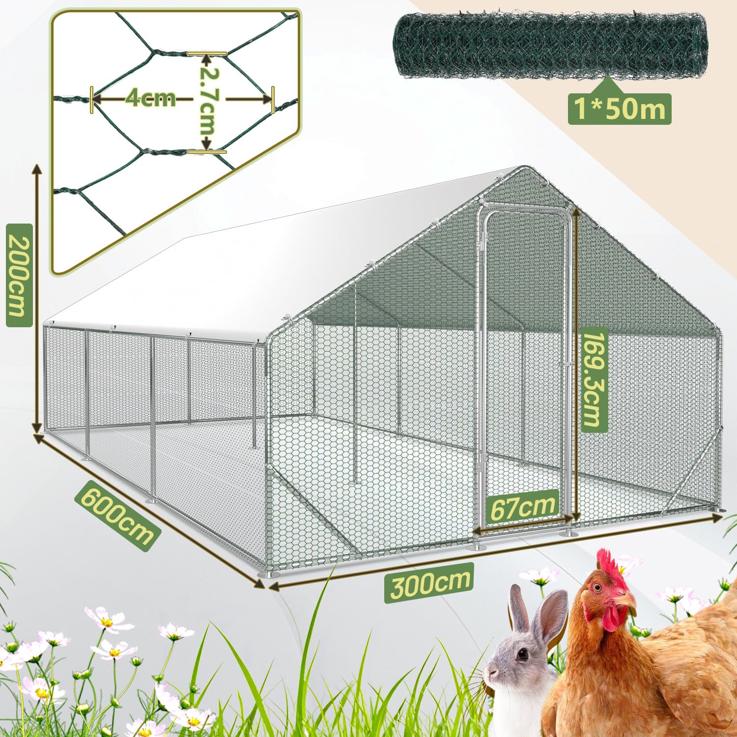 3x6x2m Hühnerstall Freilaufgehege Hühnergehege Verzinkter Stahl Hühnerhaus mit Tür & Riegel Geflügelstall für Hühner Kaninchen Gänse Tauben und Wachteln Metallgehege mit Netz