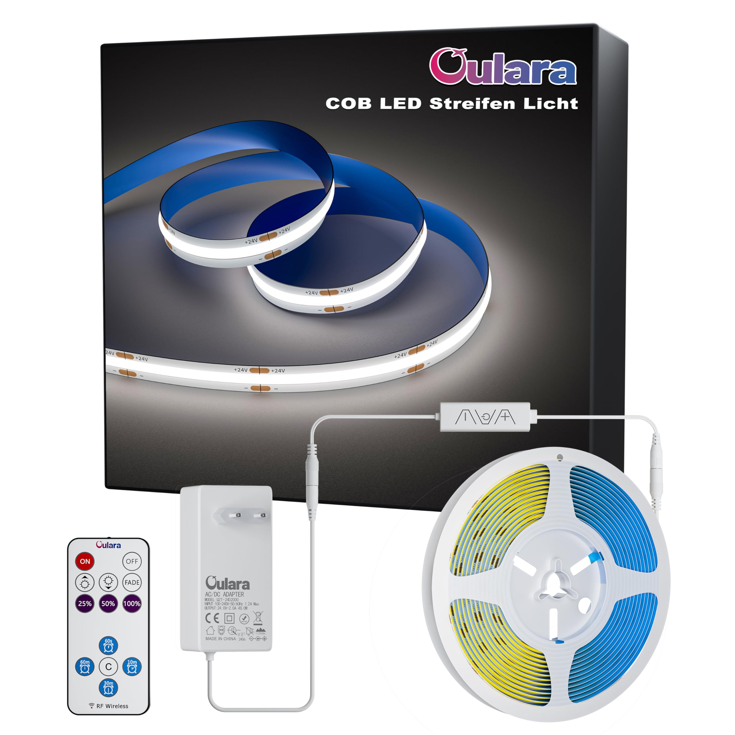OULARA COB LED Streifen 6M KaltesWeiß 6000K,Dimmbar 24V Flexibel LED Strip light Set mit RF Fernbedienung und Netzteil,CRI90+ Hell Unterbauleuchte für Home DIY Dekoration,Timerfunktion